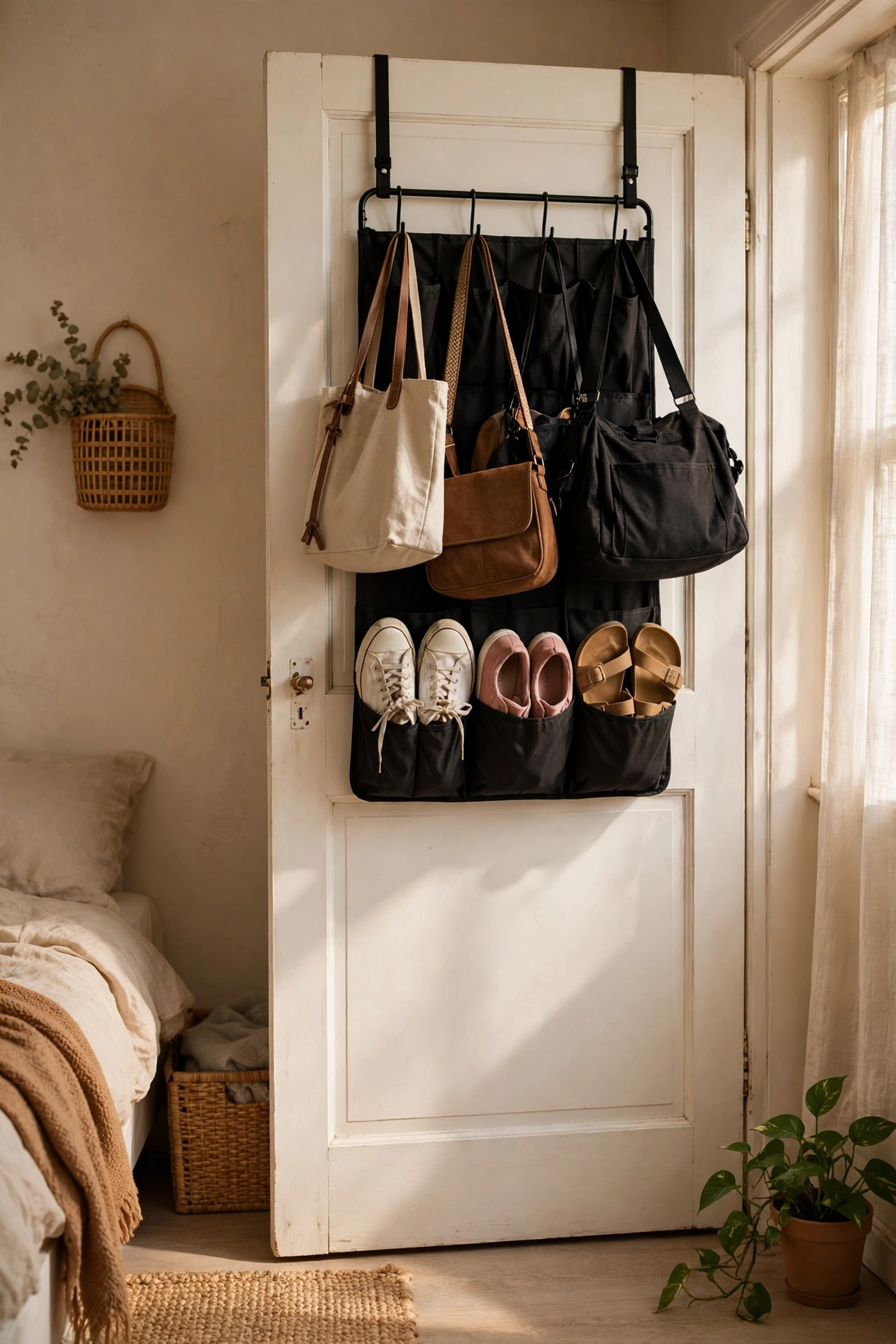 Over-door rack holding shoes and bags on a bedroom door