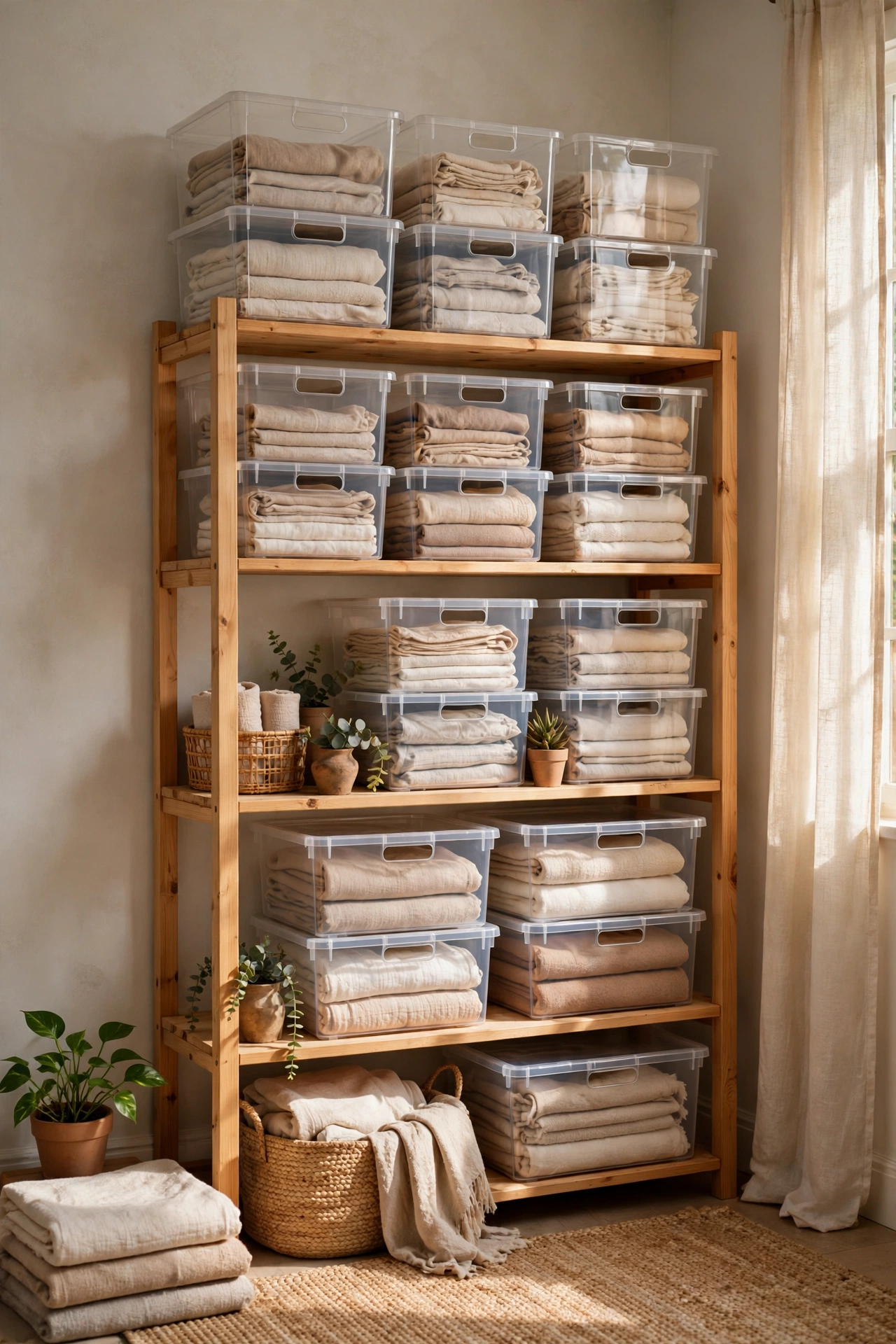 Clear labelled bins stacked on high shelves in a small home