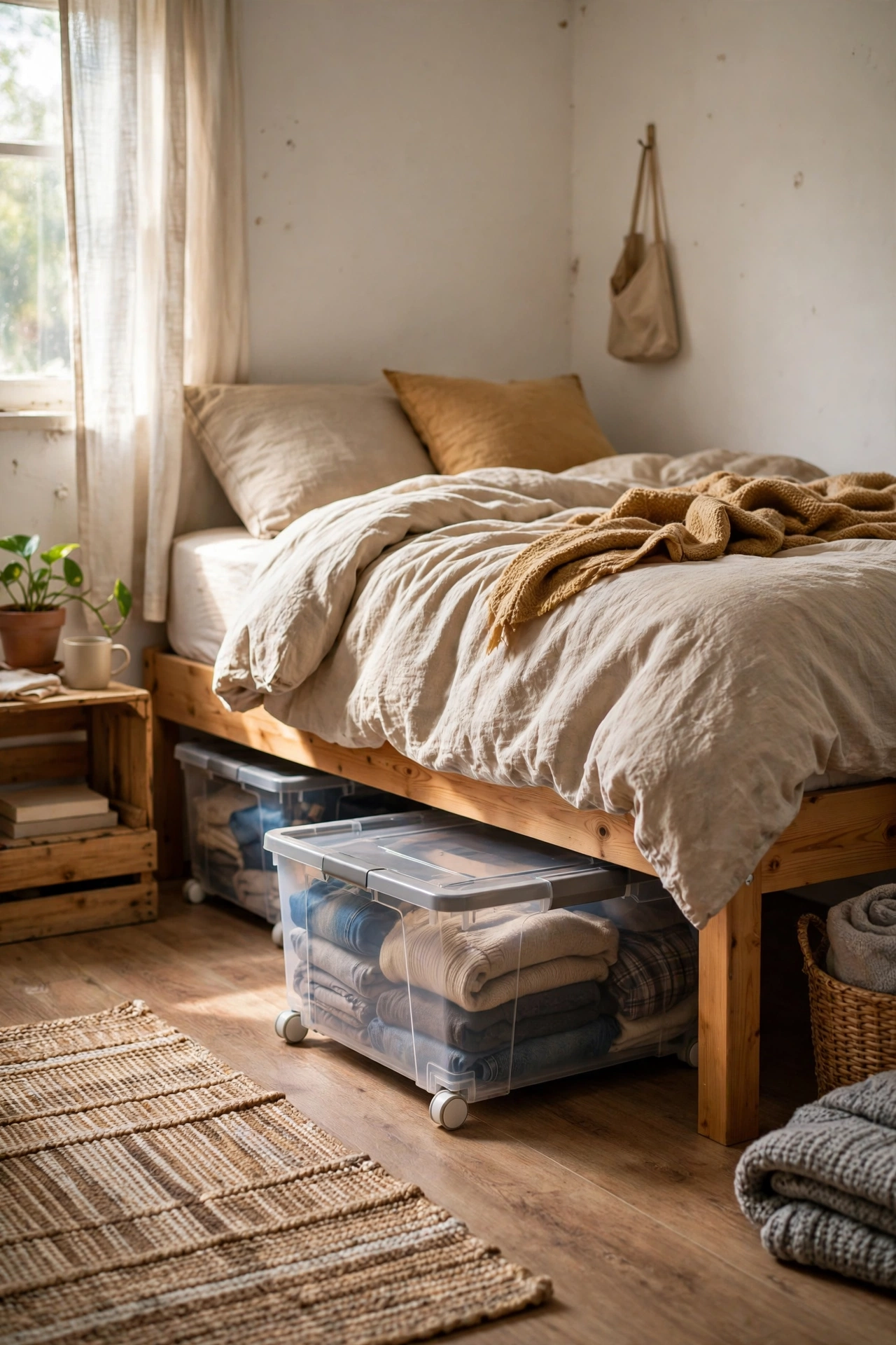 Rolling storage bins sliding under a bed in a small bedroom