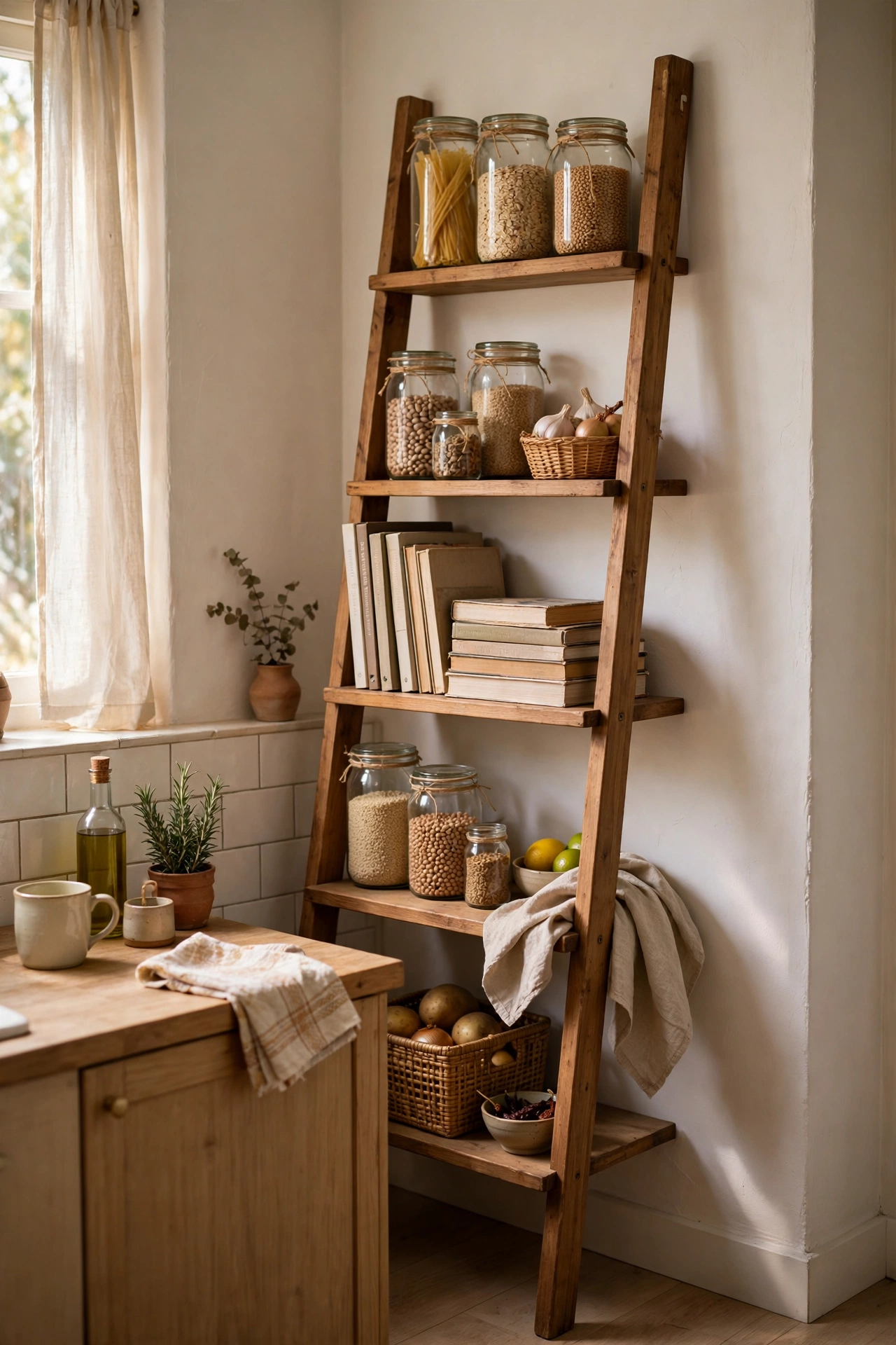 Leaning ladder shelf used as a vertical pantry in a small kitchen