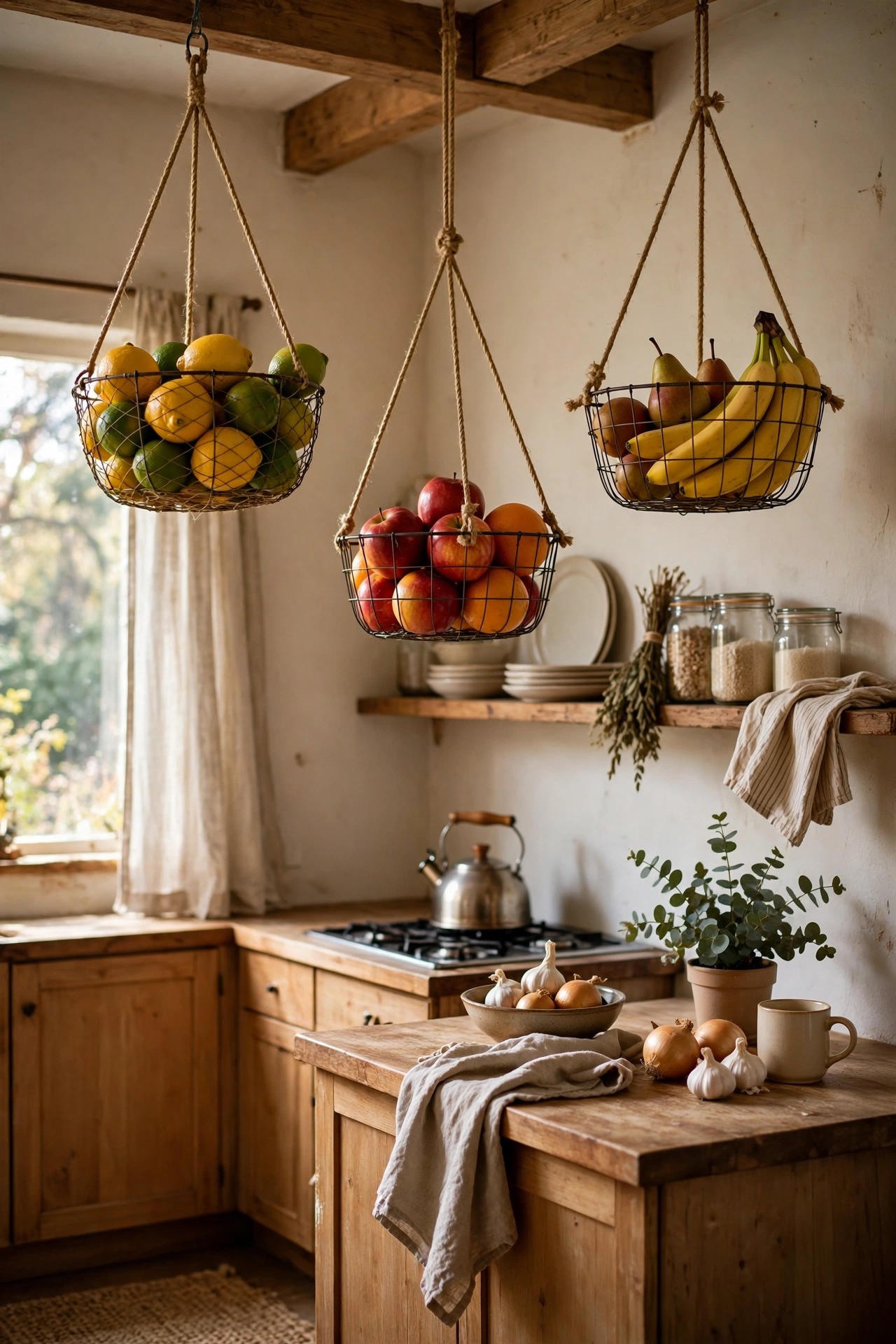 Wire baskets hanging from the ceiling holding fruit in a kitchen
