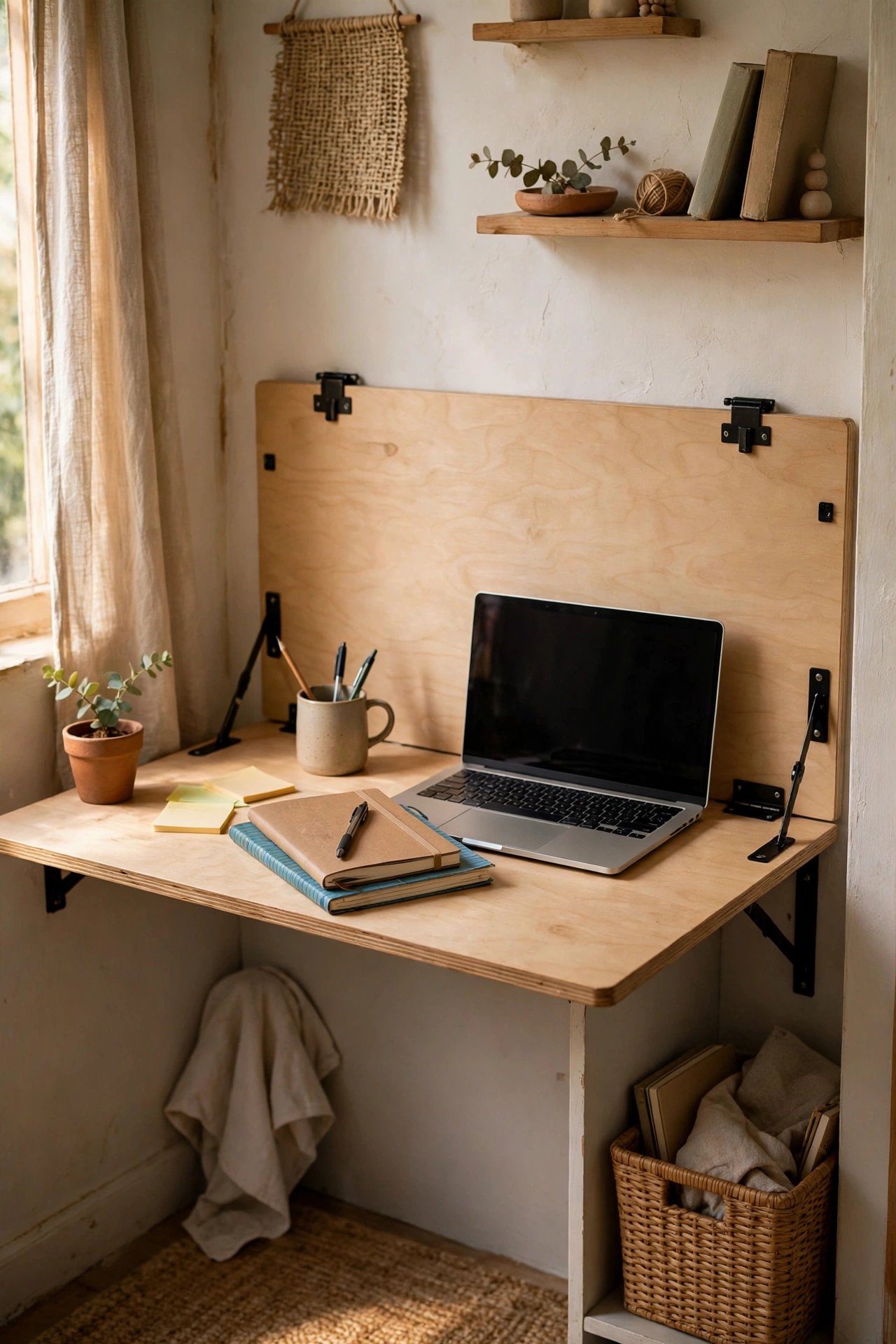 Fold-down wall desk in a small home nook with notebooks