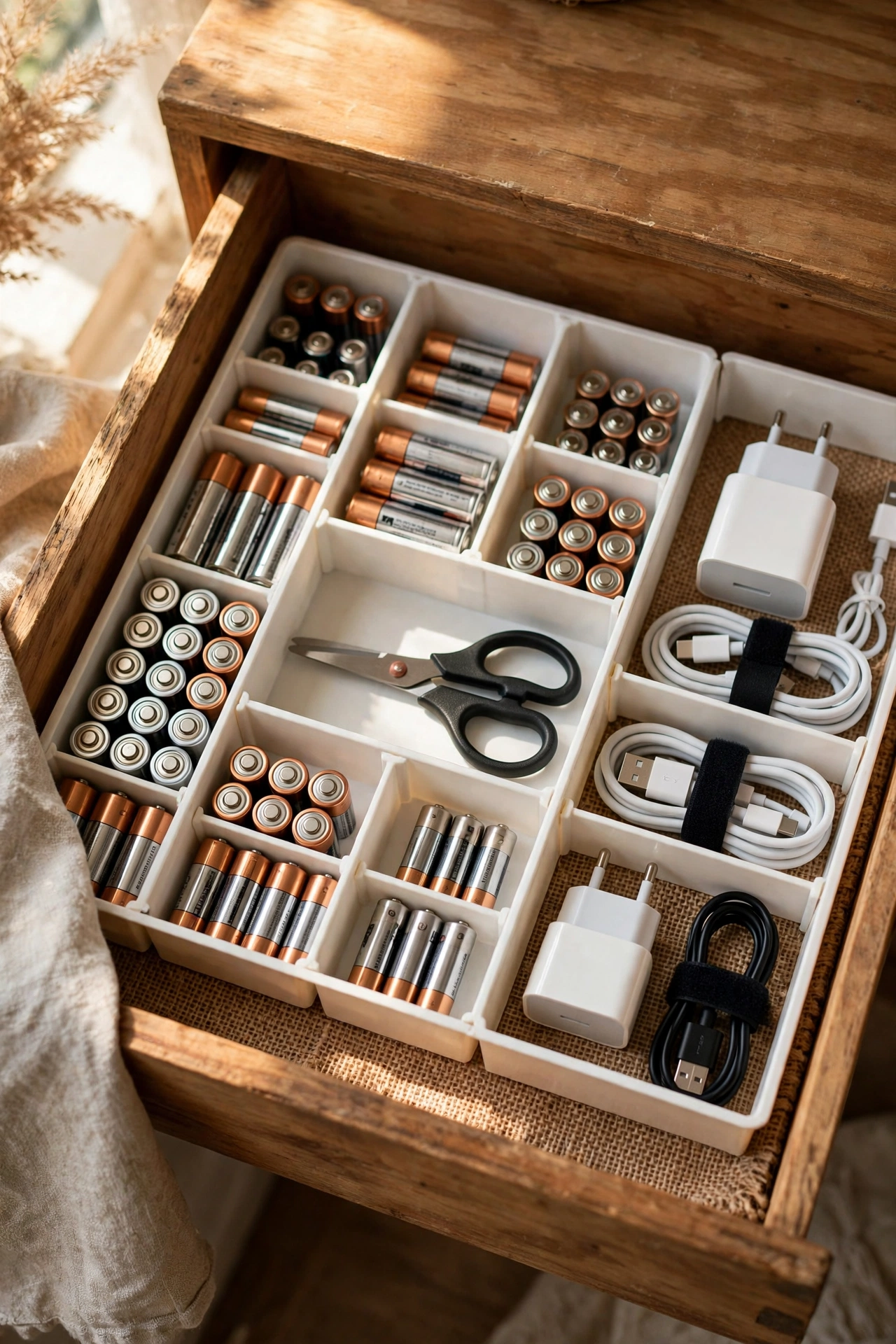 Drawer with adjustable dividers organising small household items