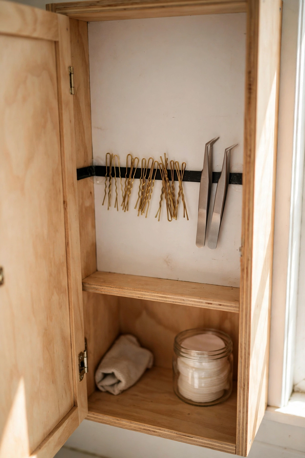 Magnetic strip inside a cabinet holding small metal tools