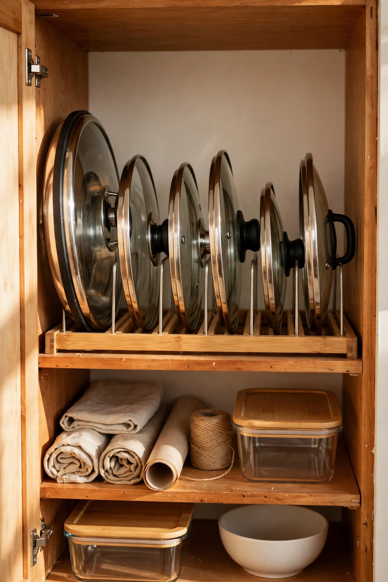 Vertical lid organiser filing pot lids upright in a cupboard