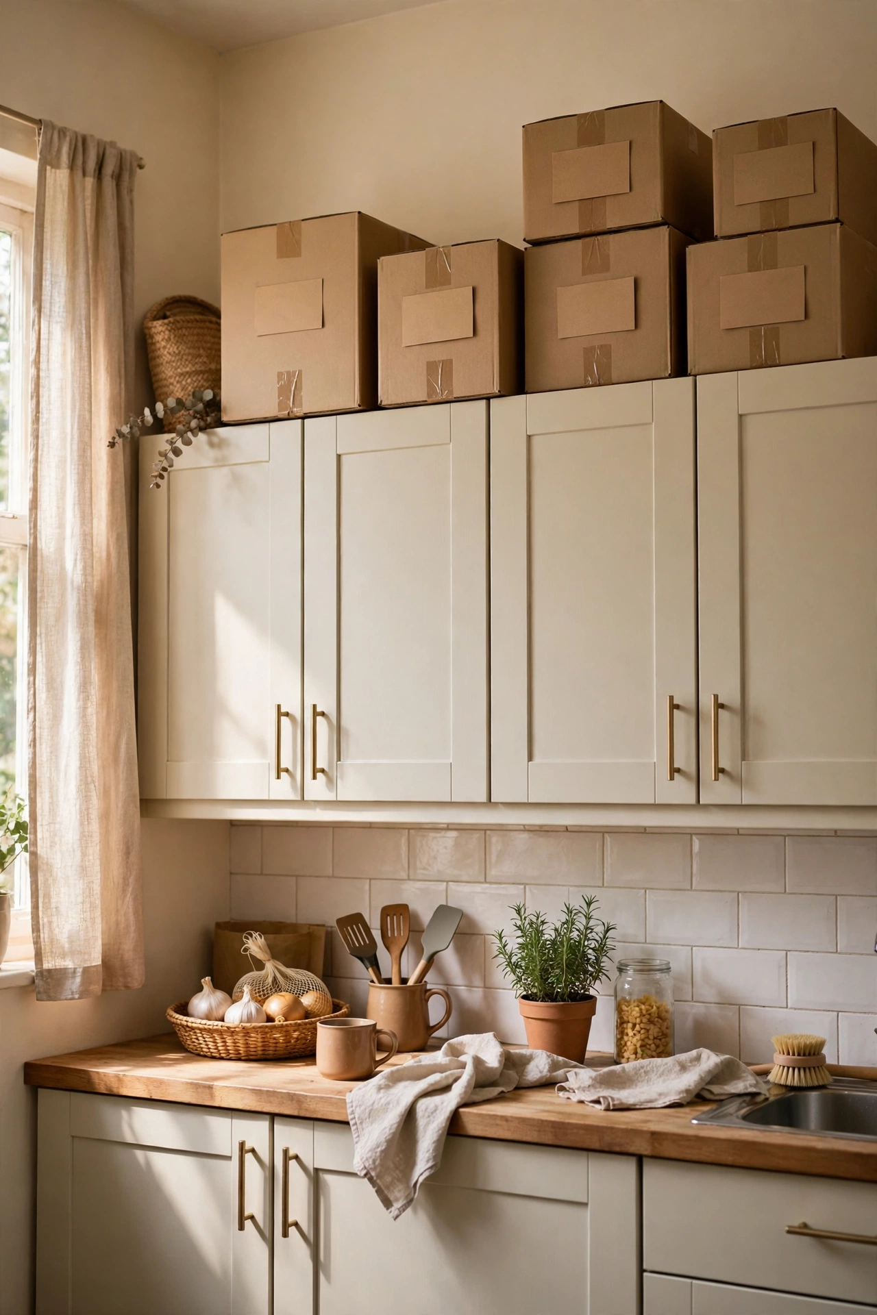 Sealed labelled boxes stored above kitchen cabinets