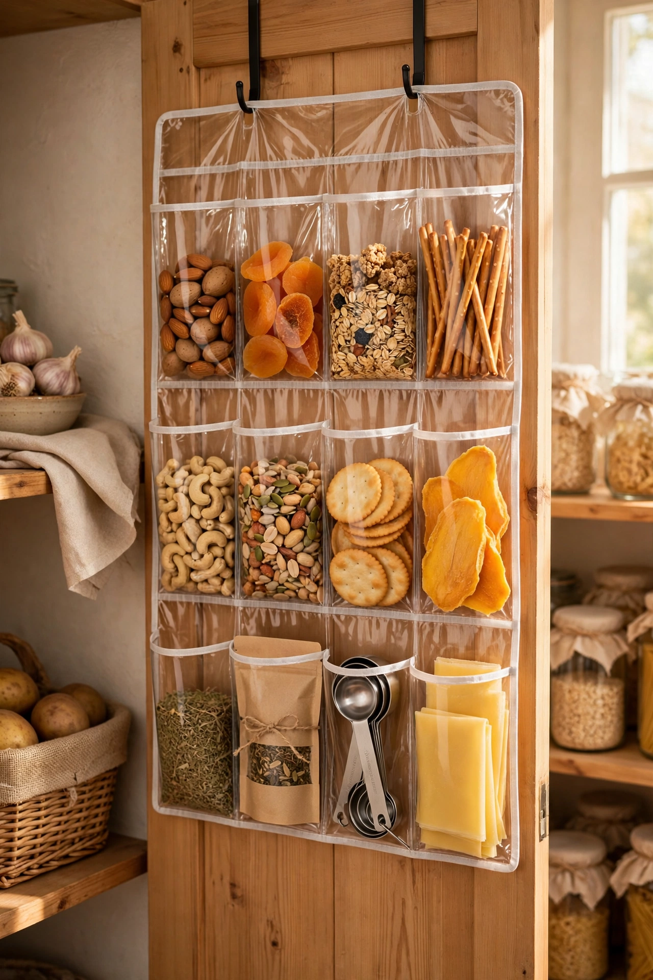 Clear shoe organiser on a pantry door holding supplies