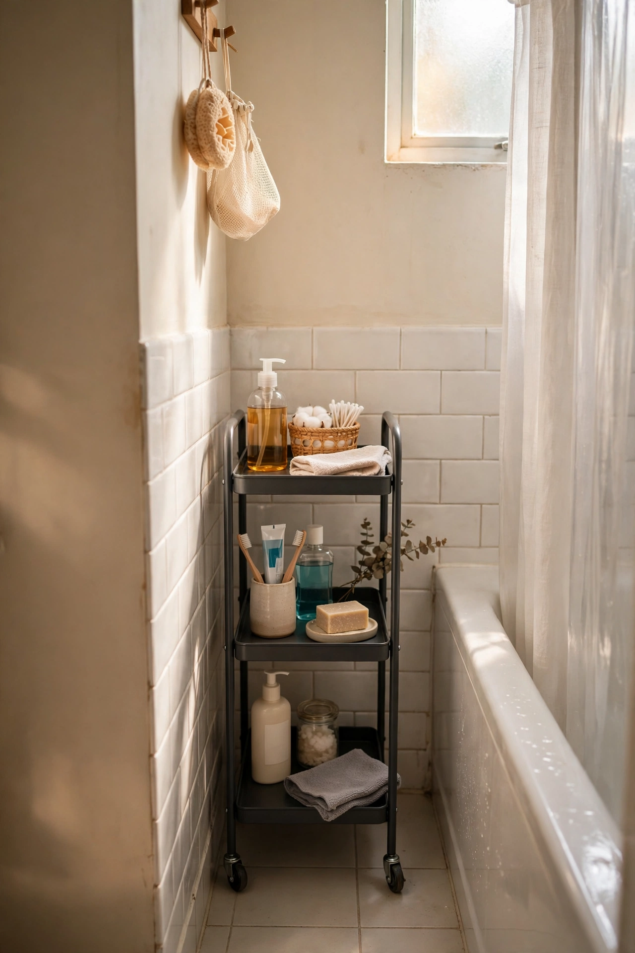 Slim rolling cart in a narrow bathroom gap holding toiletries
