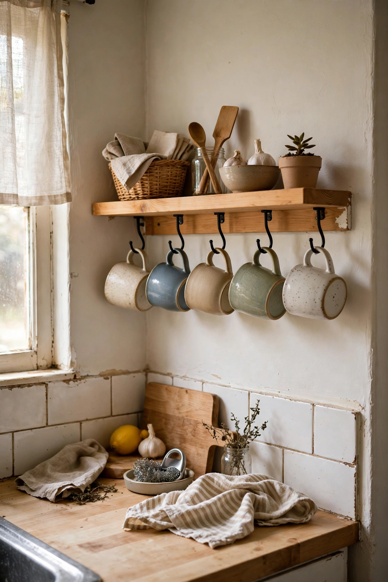 Mugs hanging from hooks under a kitchen shelf