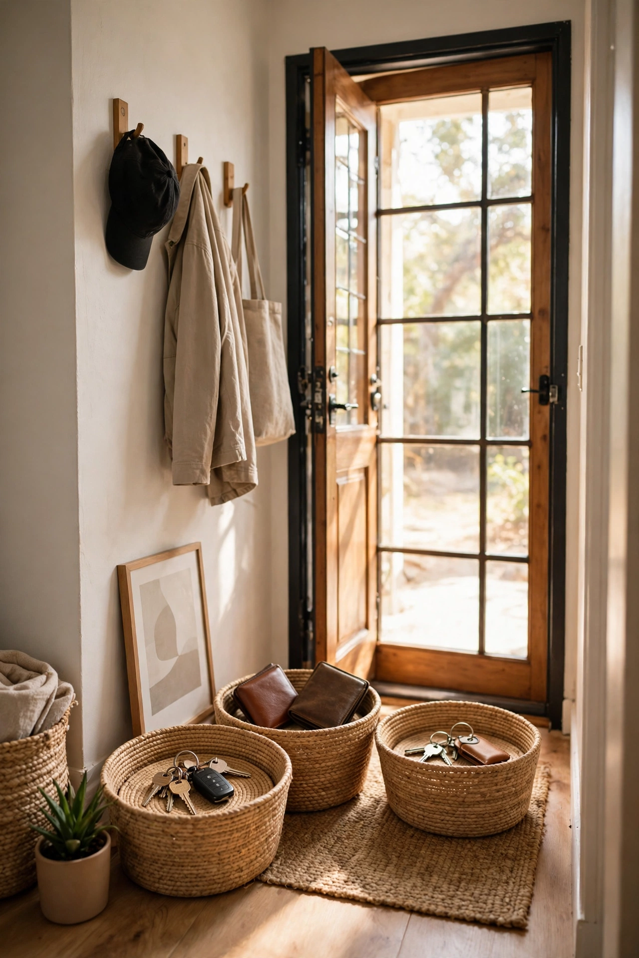Labelled baskets by the front door for keys and wallets
