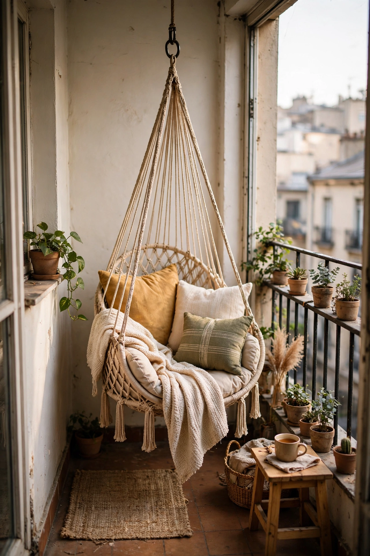 Cozy hanging hammock chair with cushions on a tiny balcony