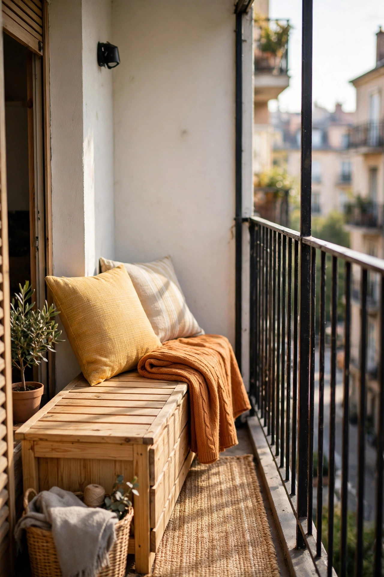 Slim wooden storage bench with a folded throw on a small balcony