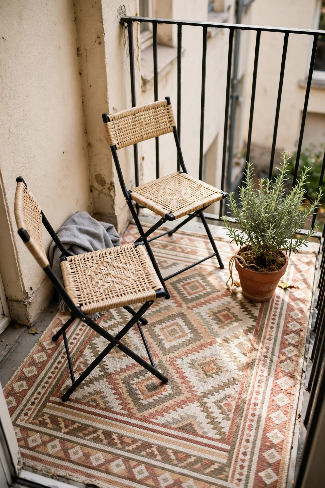 Patterned weatherproof outdoor rug on a tiny balcony floor with chairs