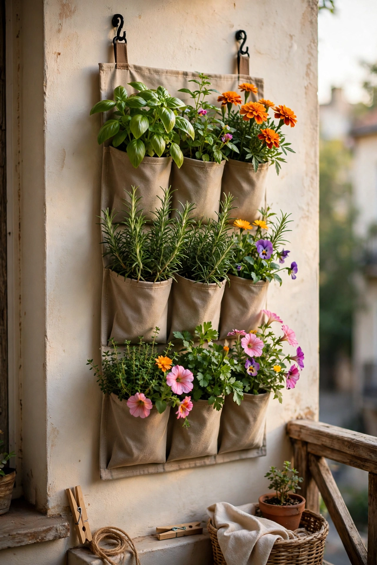 Vertical wall planter with herbs and flowers on a balcony wall