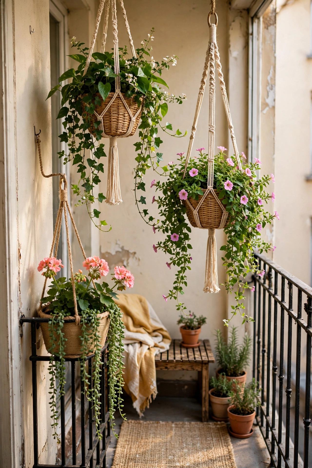 Hanging baskets with trailing plants at staggered heights on a balcony