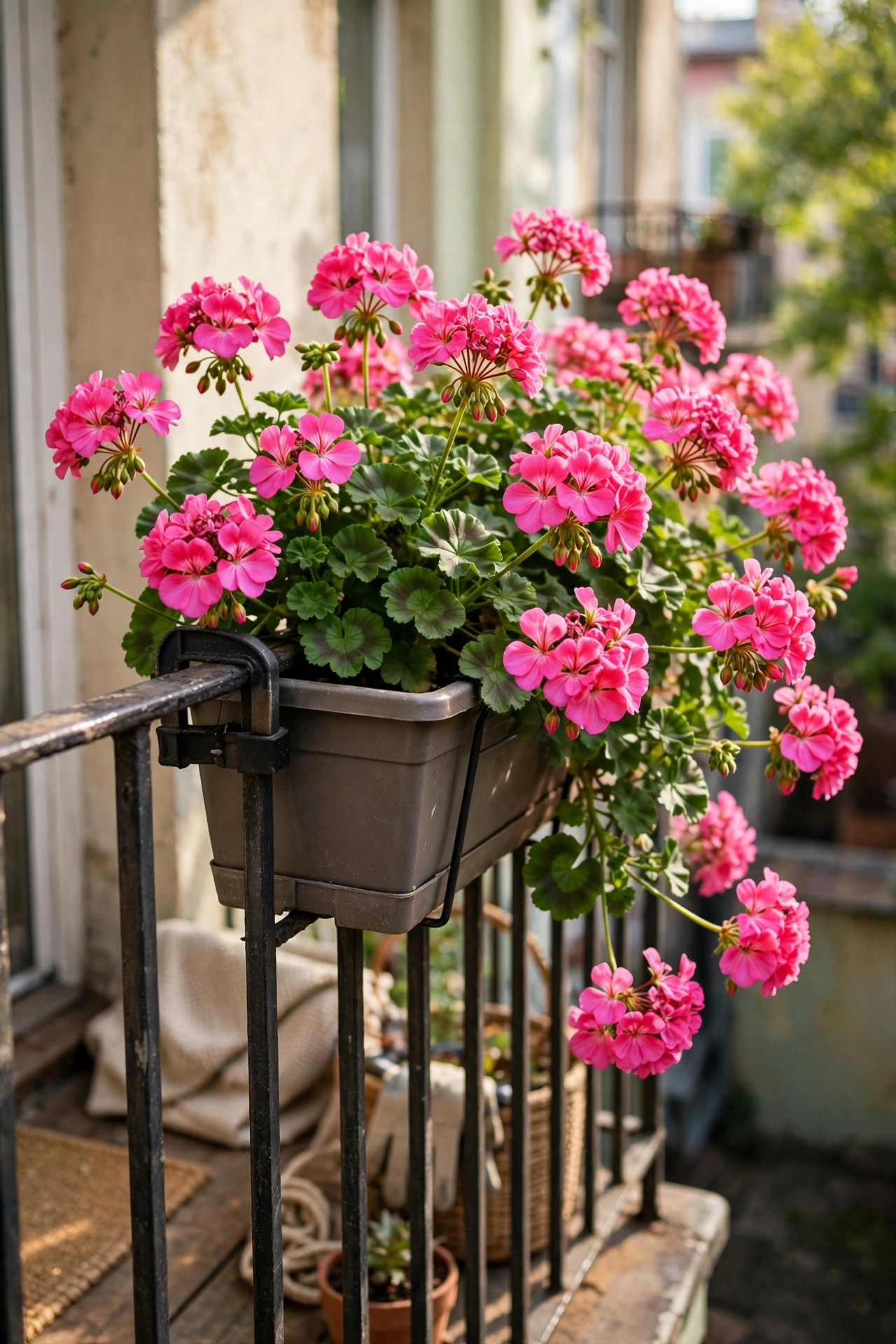 Rail planter box full of bright geraniums on a balcony railing