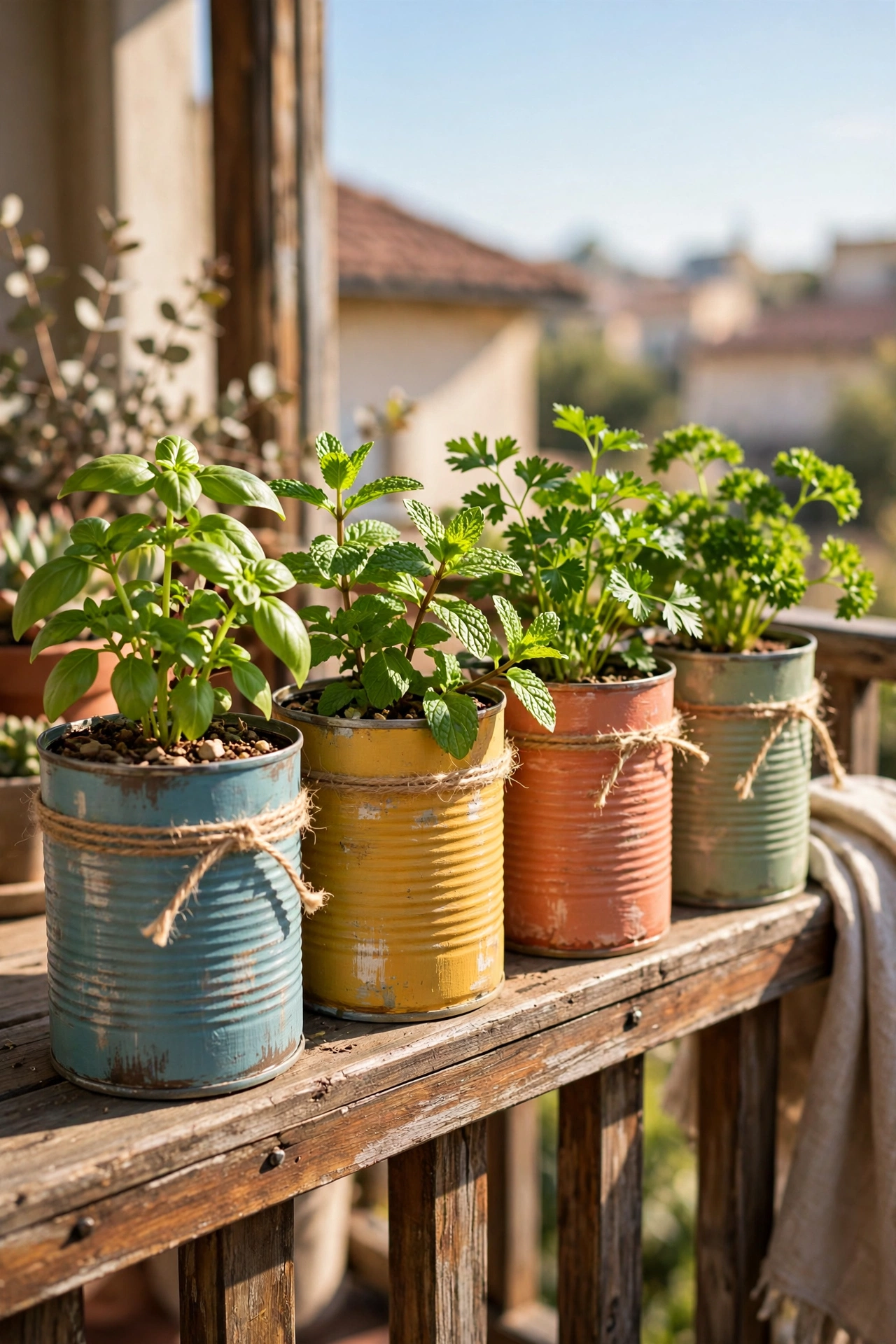 Painted tin cans growing herbs lined along a balcony rail