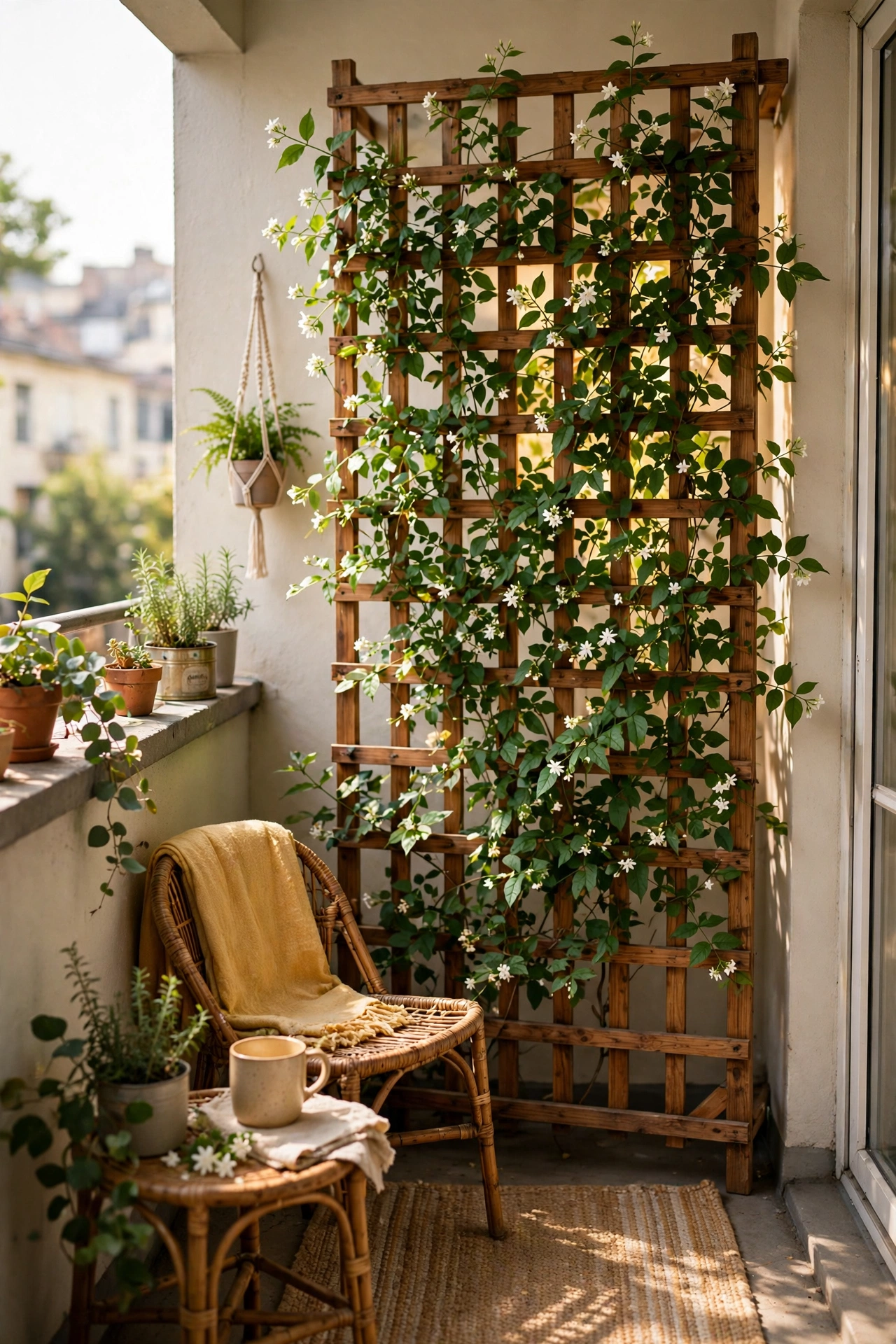 Climbing jasmine vine growing on a wooden trellis panel on a balcony