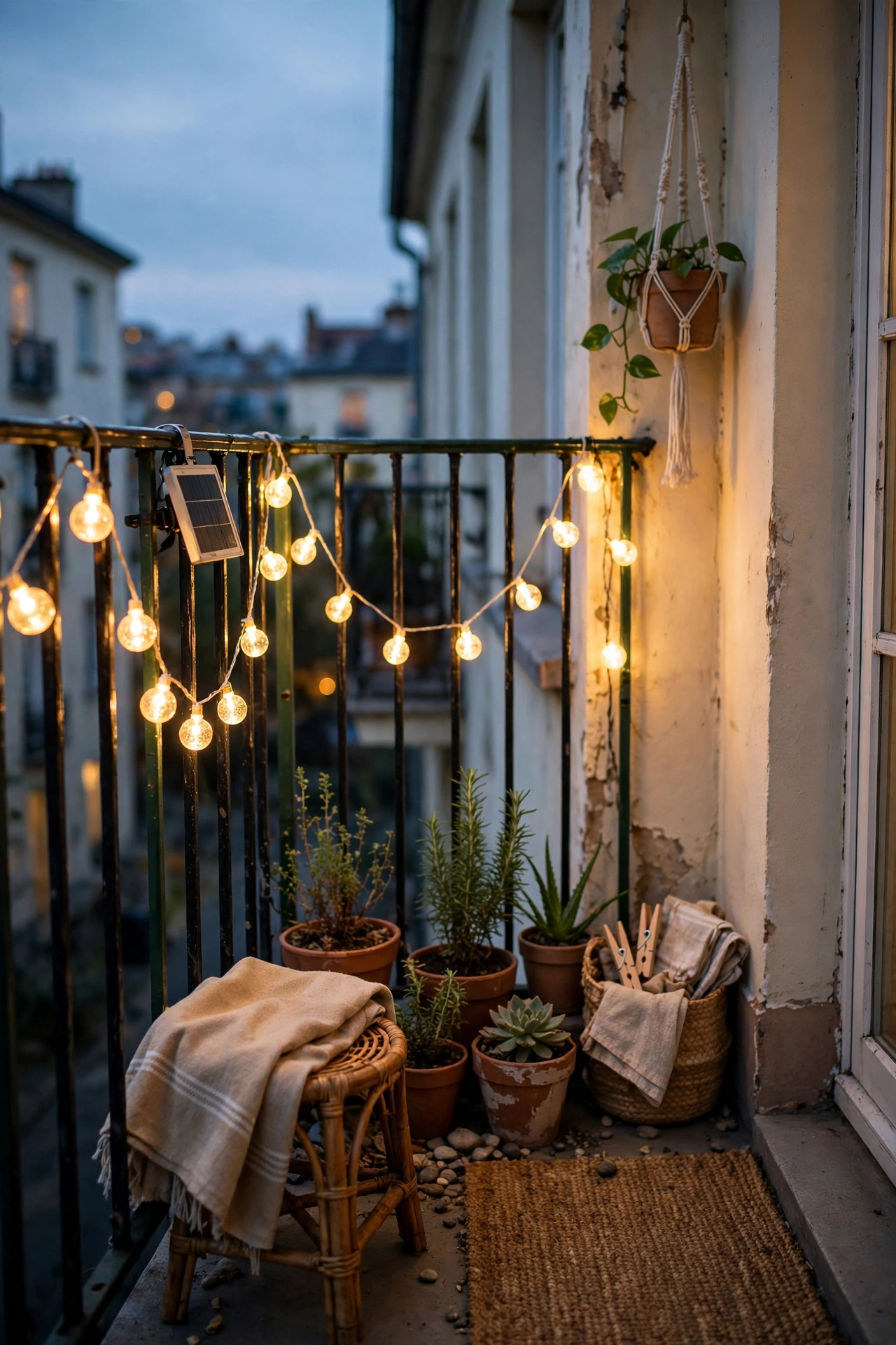 Warm solar string lights draped along a tiny balcony railing at dusk