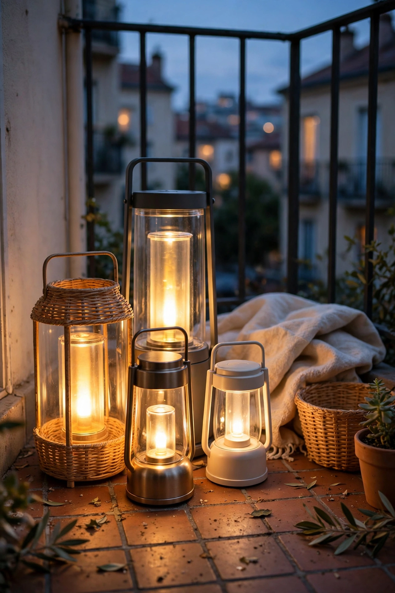 Cluster of glowing battery lanterns on a small balcony floor at night