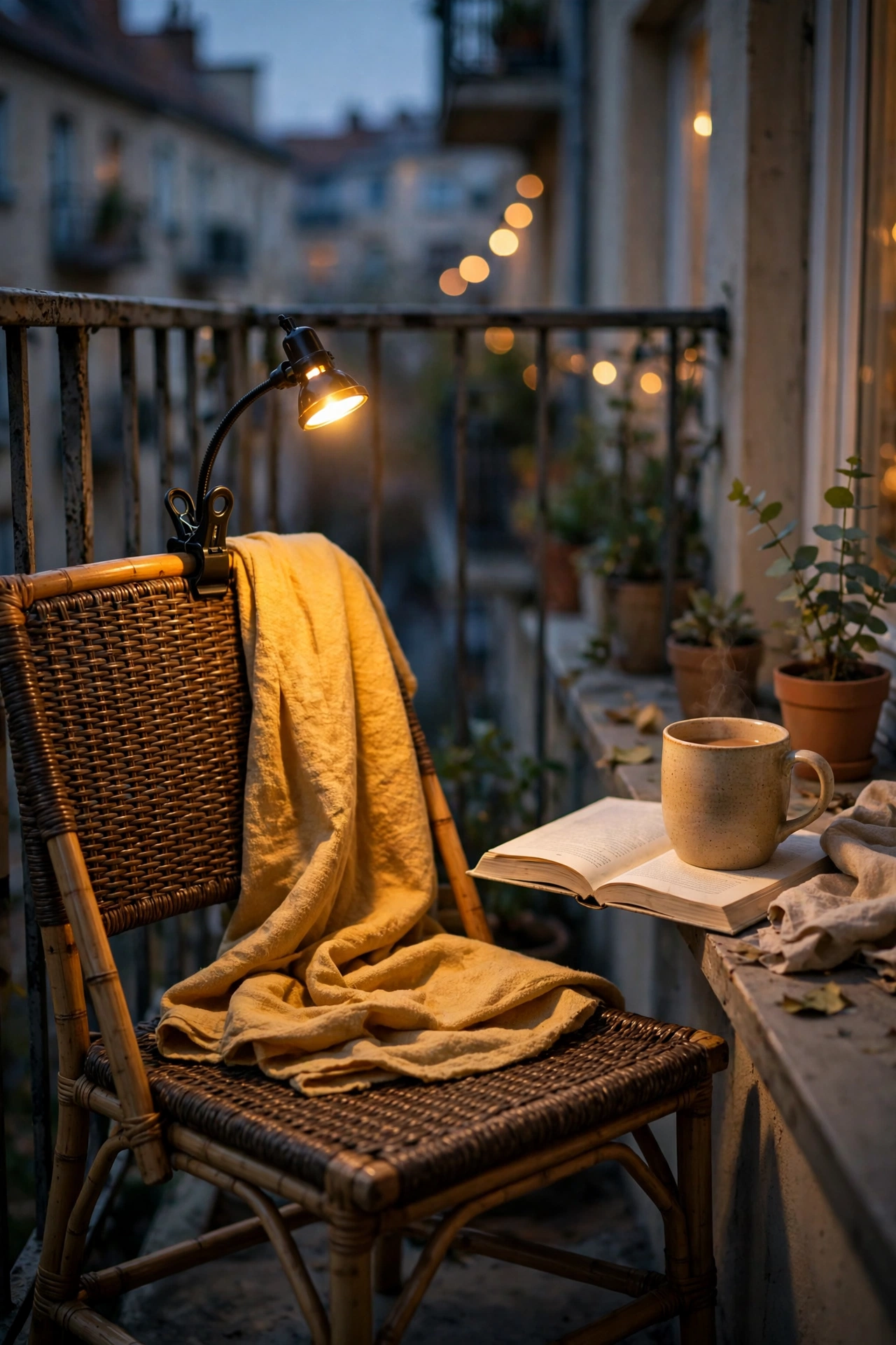 Small clip-on reading light attached to a balcony chair in the evening