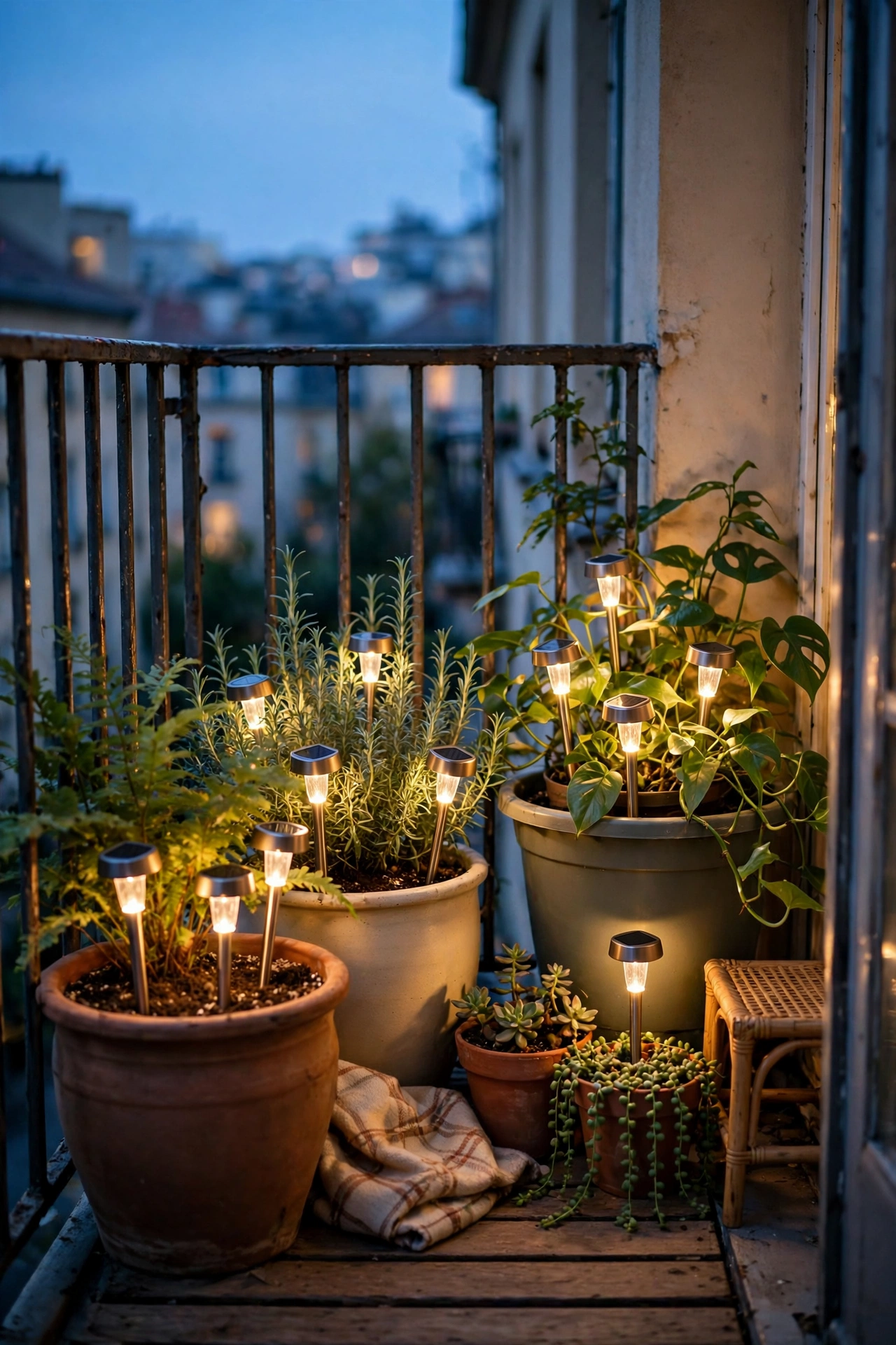 Solar stake lights glowing softly in large balcony plant pots