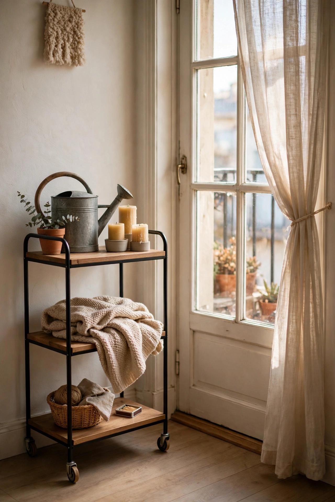 Narrow rolling cart with watering can and candles beside a balcony door