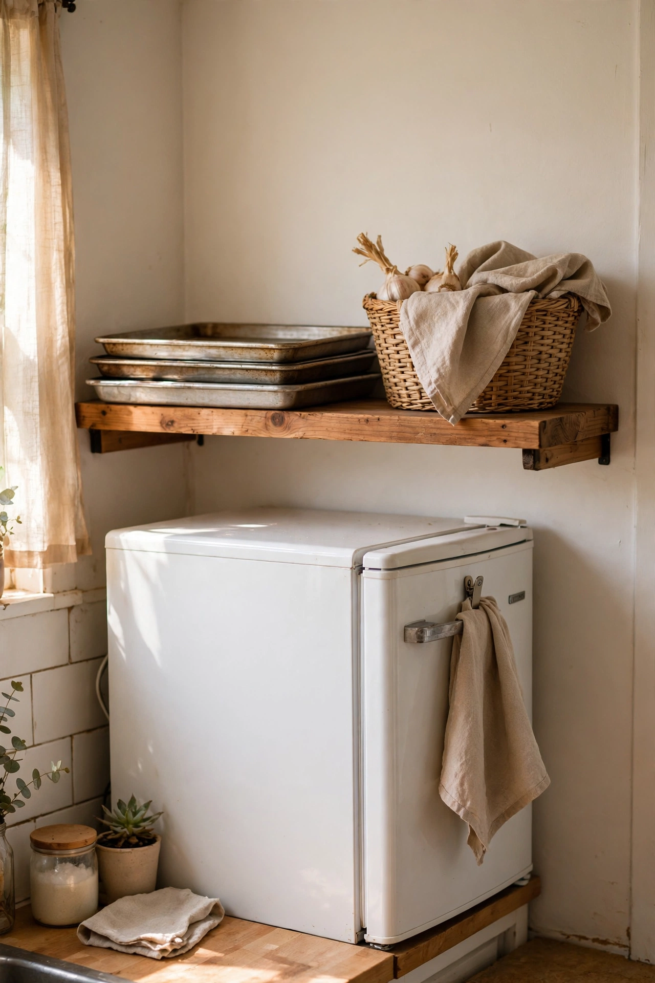 Single shelf above a fridge holding baking trays and a basket