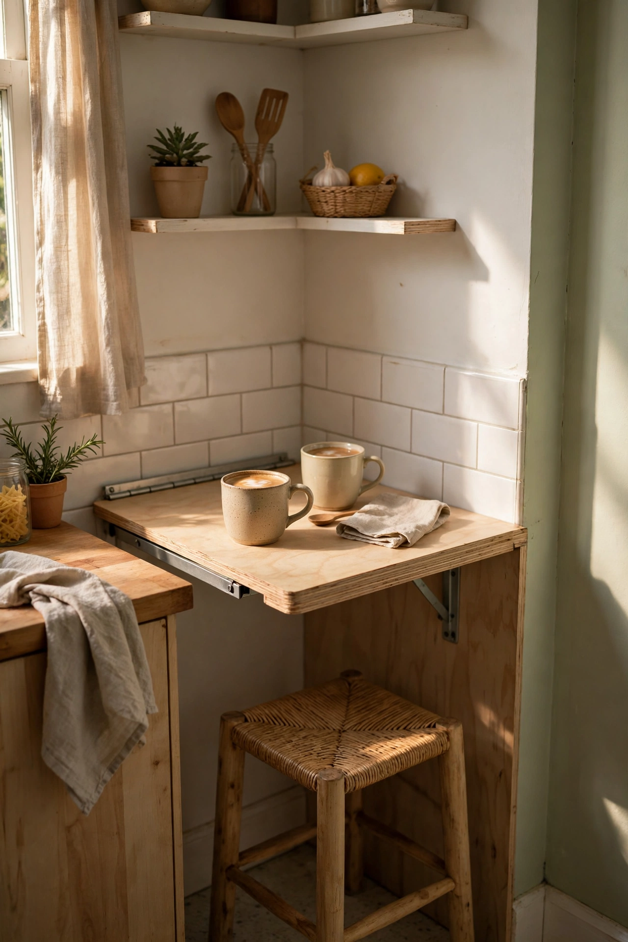 Fold-down wall table with a stool in a tiny kitchen corner