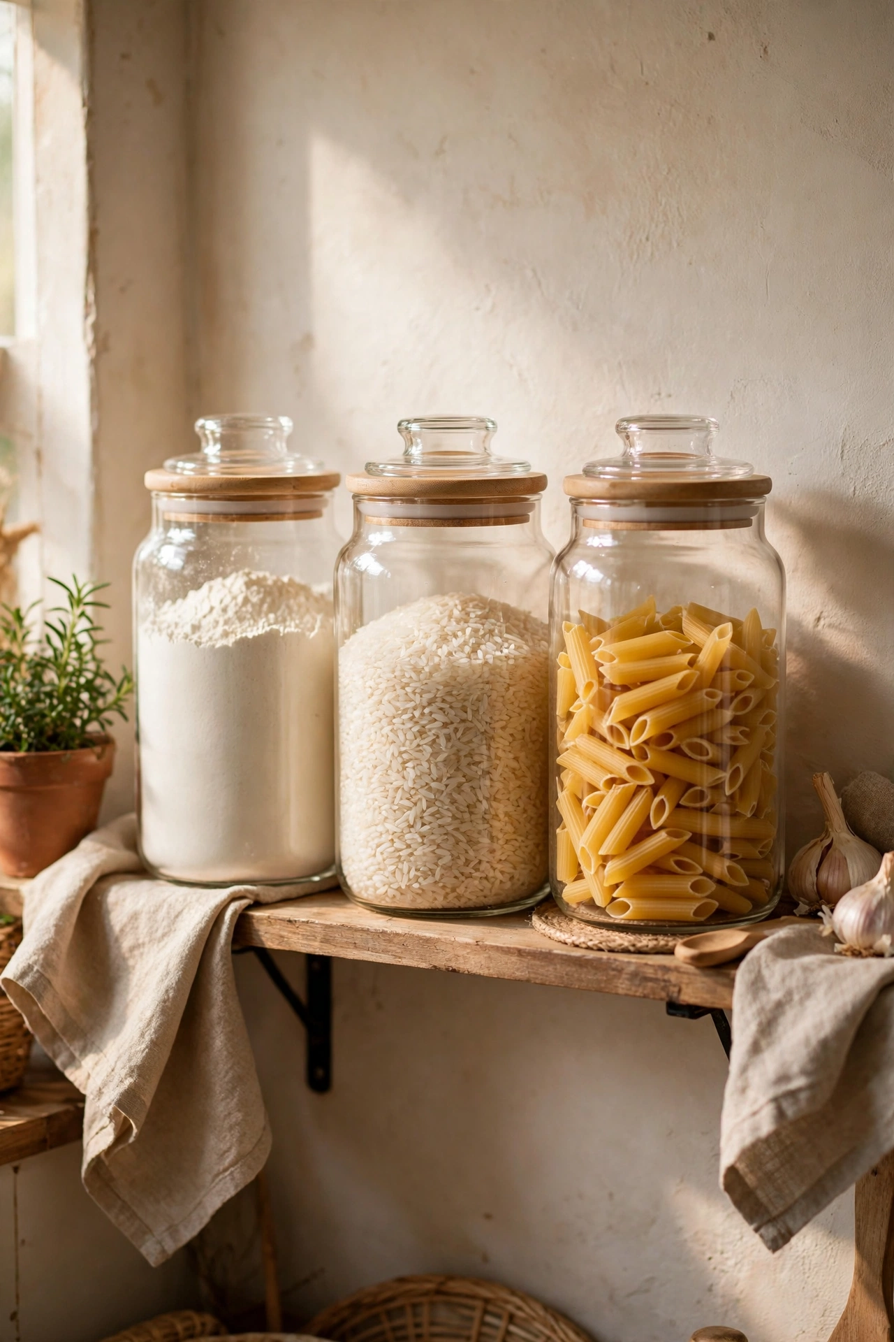 Matching clear jars of flour rice and pasta on a kitchen shelf