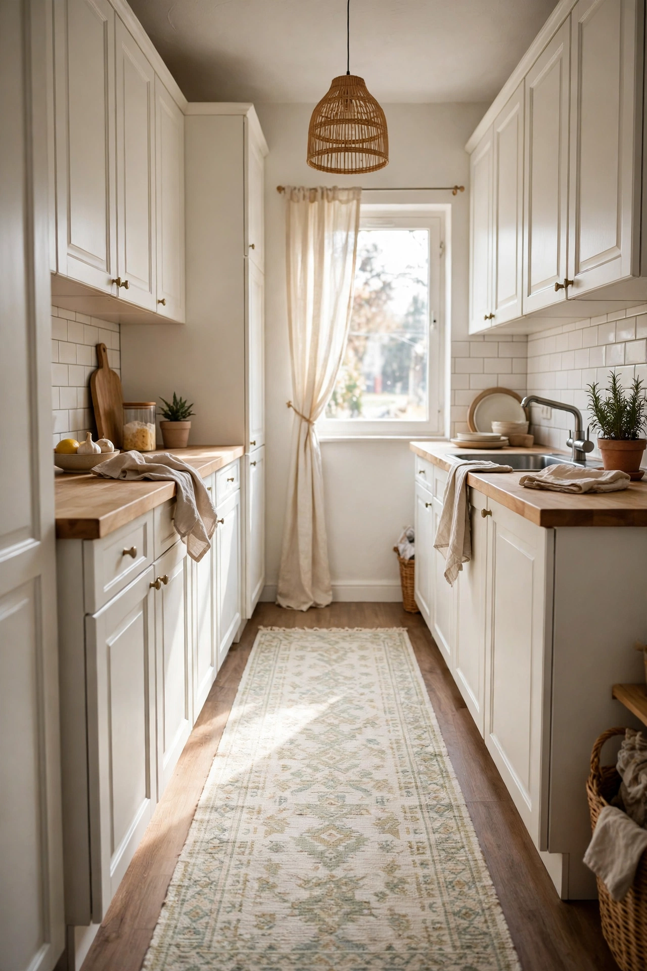 Light patterned runner rug down a narrow galley kitchen