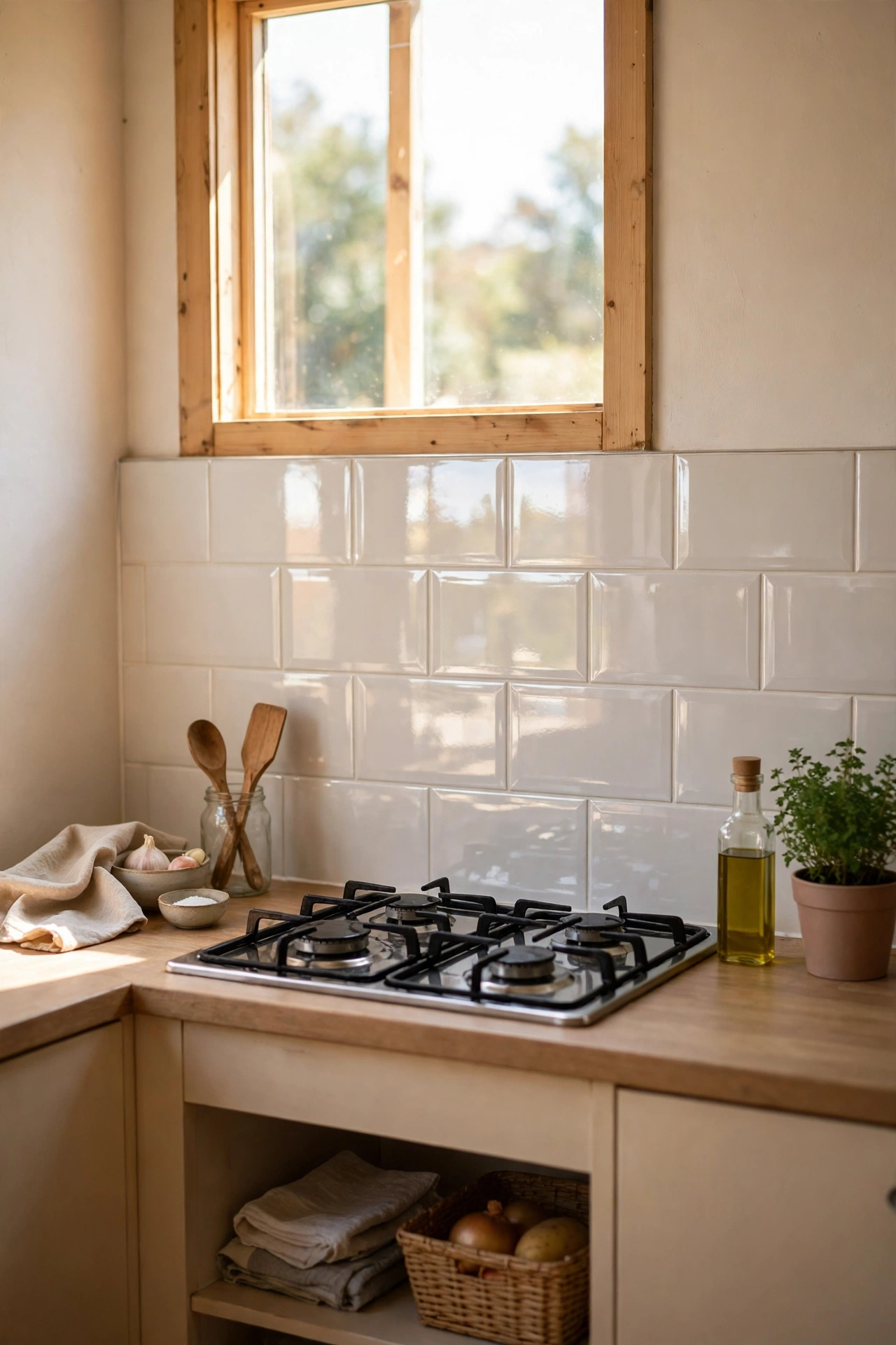 Glossy splashback reflecting light behind a small kitchen hob