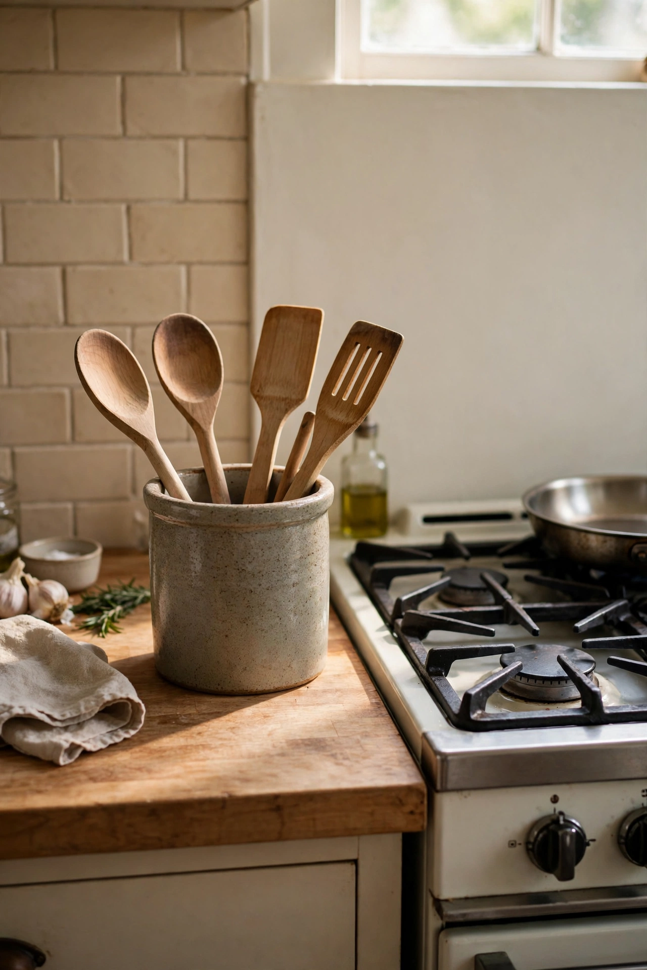 Stoneware crock holding wooden spoons and spatulas by the stove
