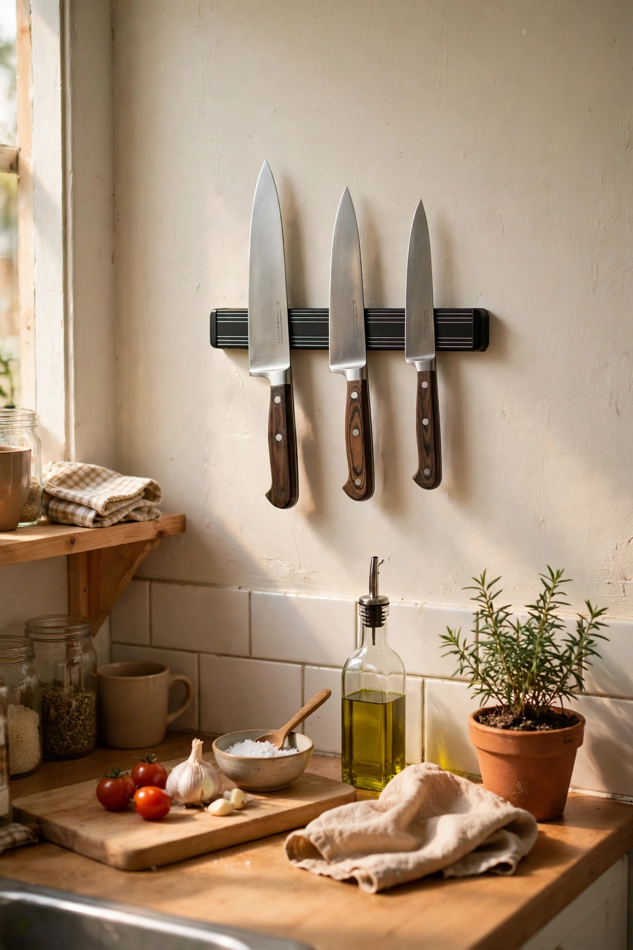 Magnetic knife strip holding knives on a small kitchen wall