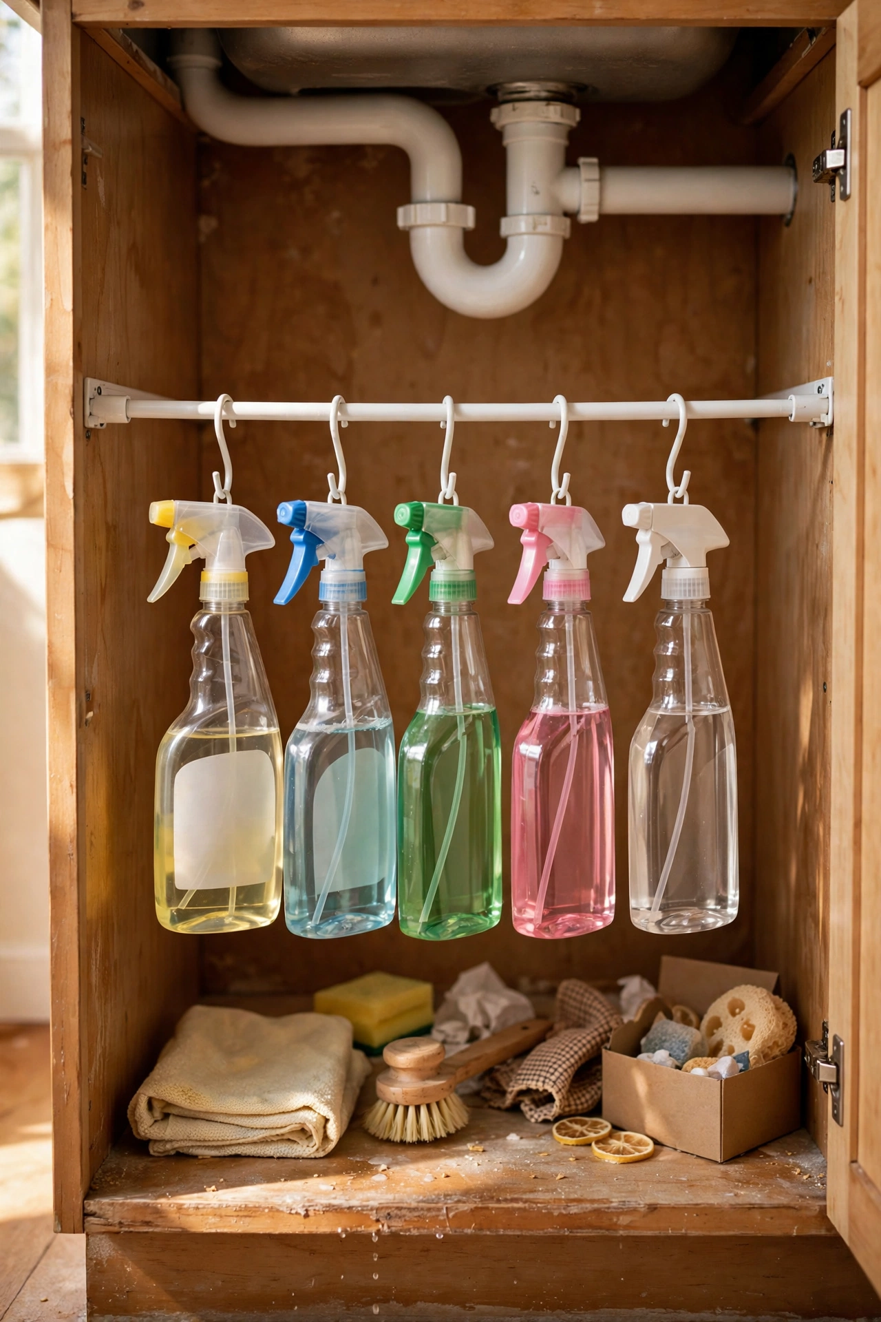 Tension rod under a kitchen sink holding spray bottles