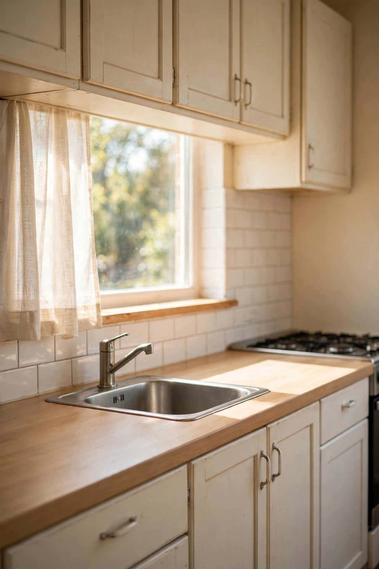 Completely clear empty kitchen counter in bright daylight
