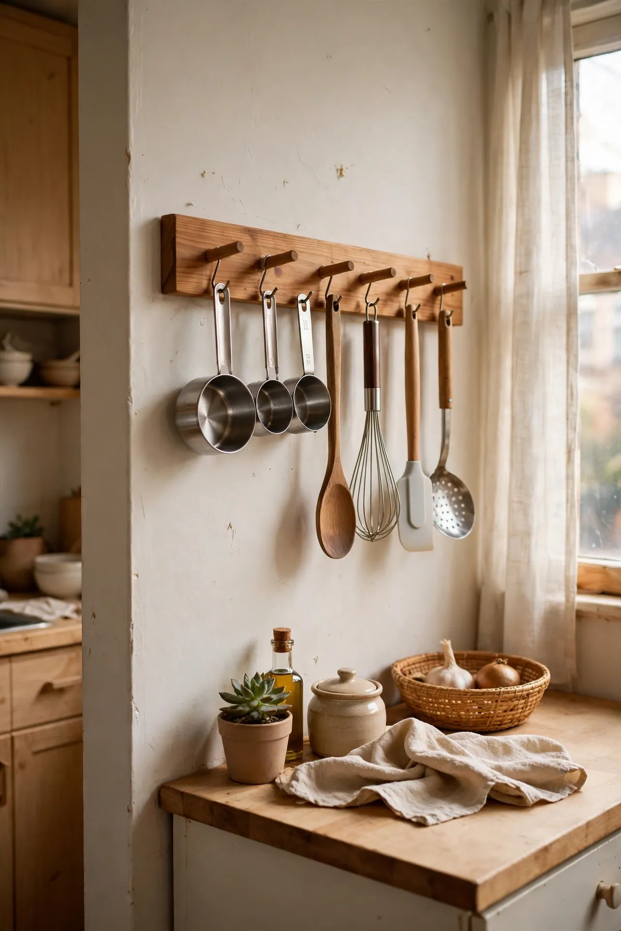 Wooden peg rail with hanging kitchen tools in a small apartment kitchen