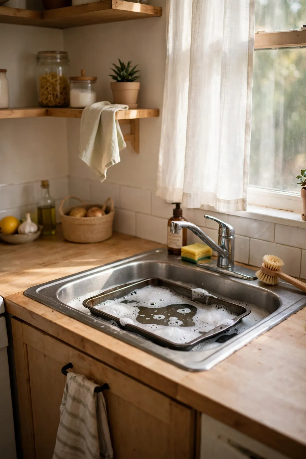 Deep single-bowl sink with a baking tray soaking in a small kitchen