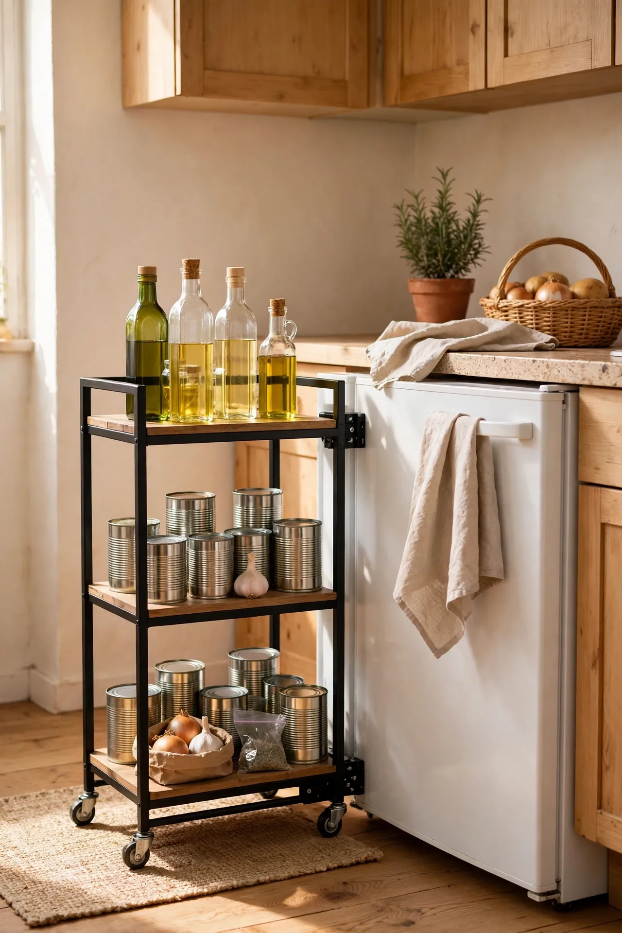 Slim rolling cart filled with oils and cans beside a fridge