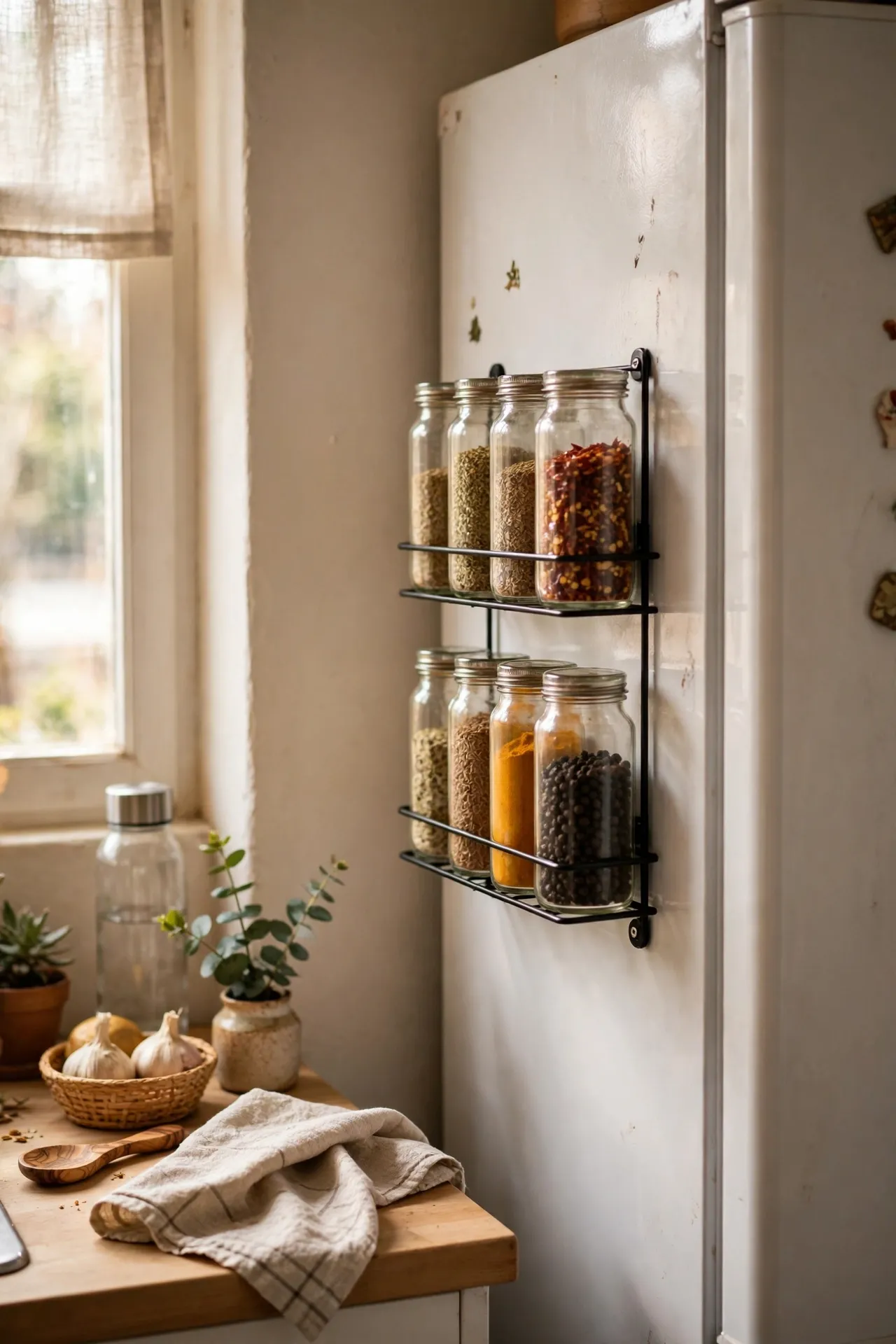 Magnetic spice shelves on the side of a fridge in an apartment kitchen