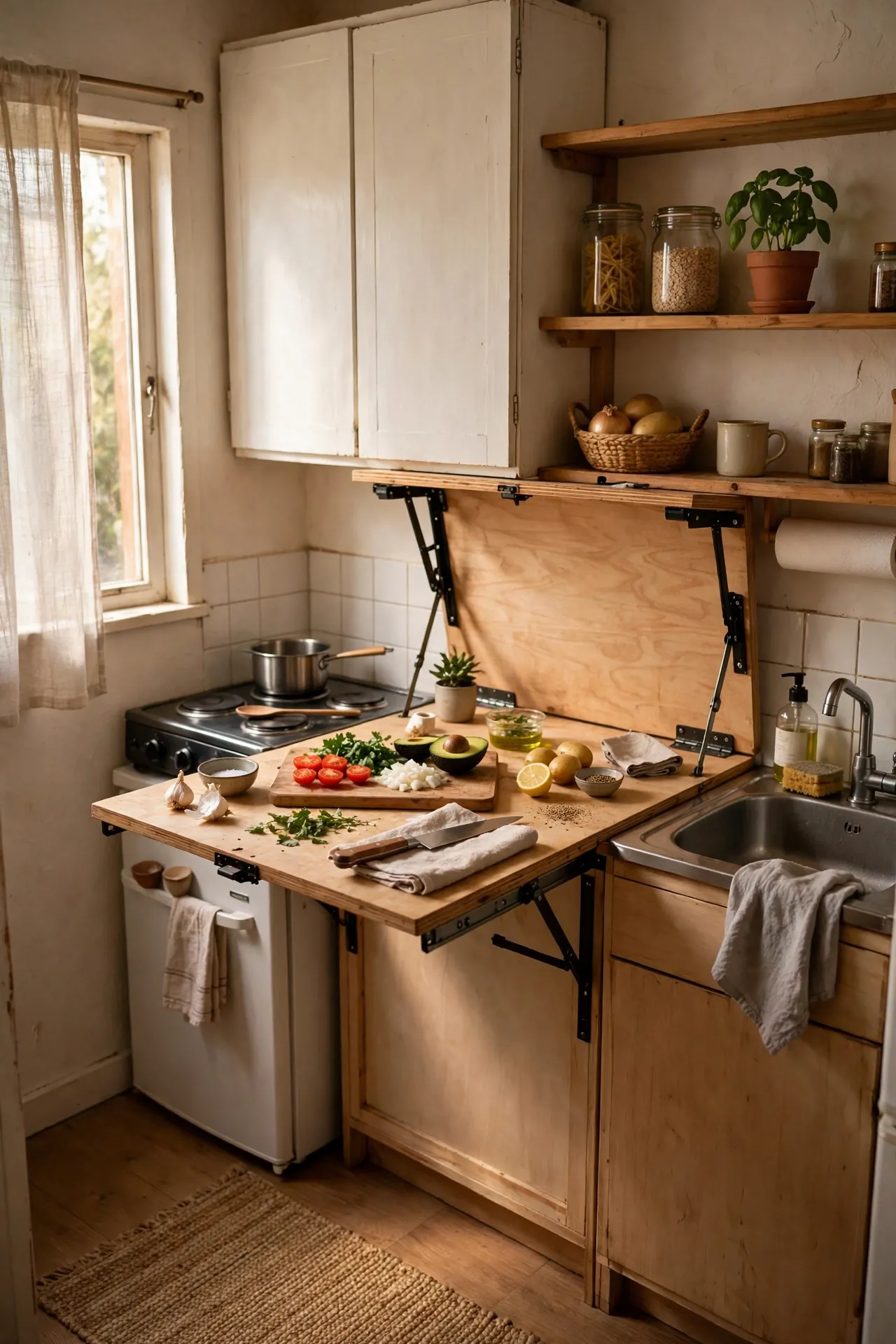 Fold-down wooden counter extension open for food prep in a small kitchen