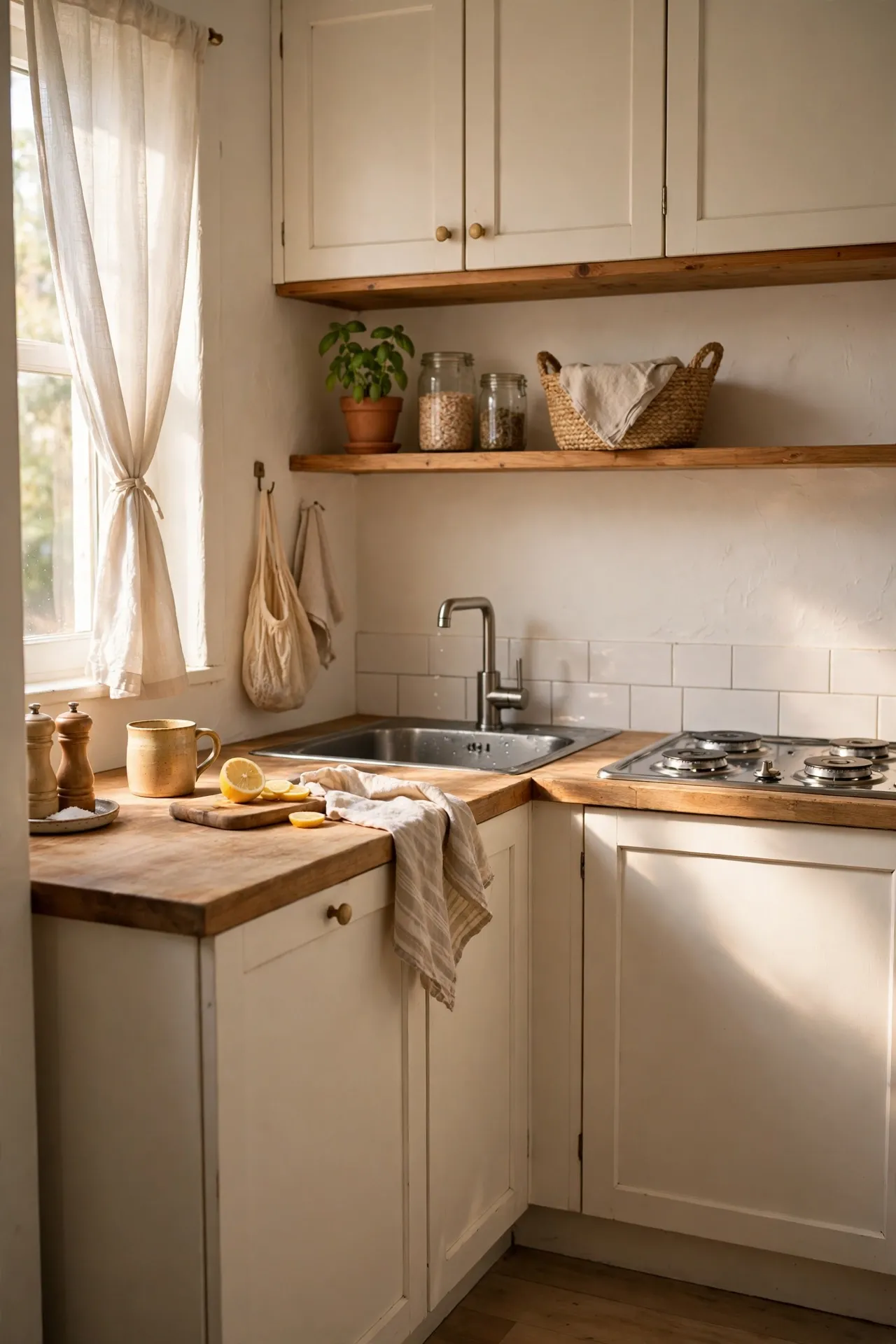 Small kitchen with warm white painted cabinets and morning light