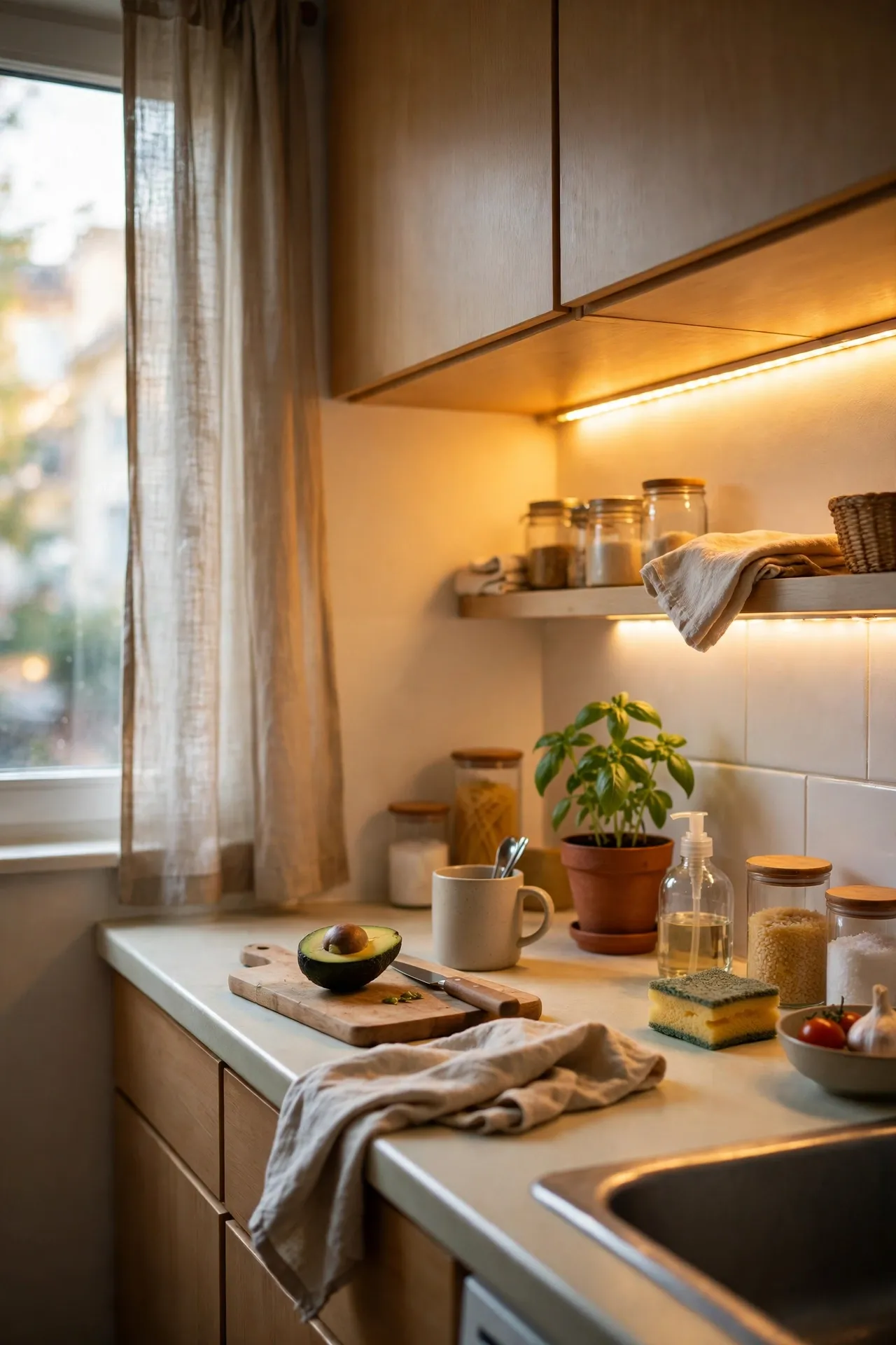 Warm under-cabinet LED lights glowing over an apartment kitchen counter