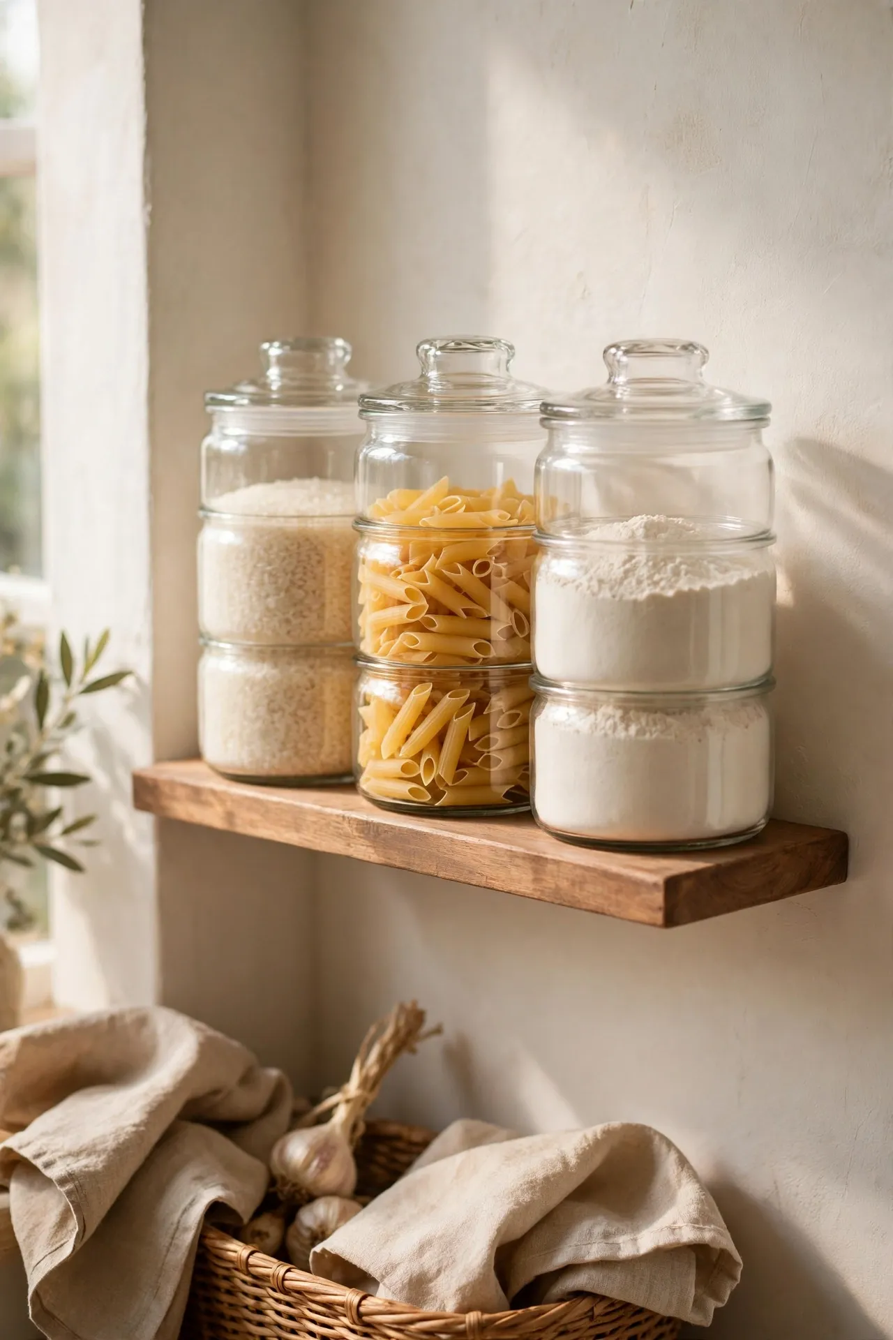 Stackable glass jars of rice pasta and flour on a small pantry shelf