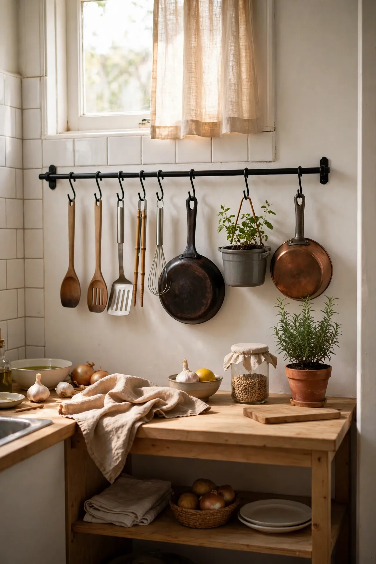 Wall rail with hanging pots and utensils in a small kitchen