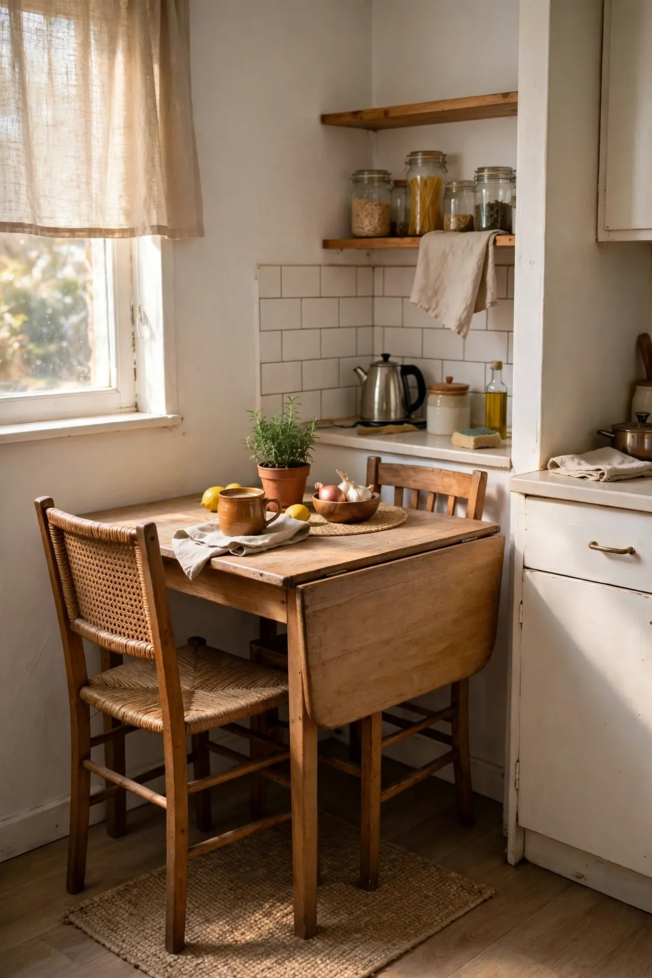 Drop-leaf wooden table with two chairs in a small apartment kitchen corner