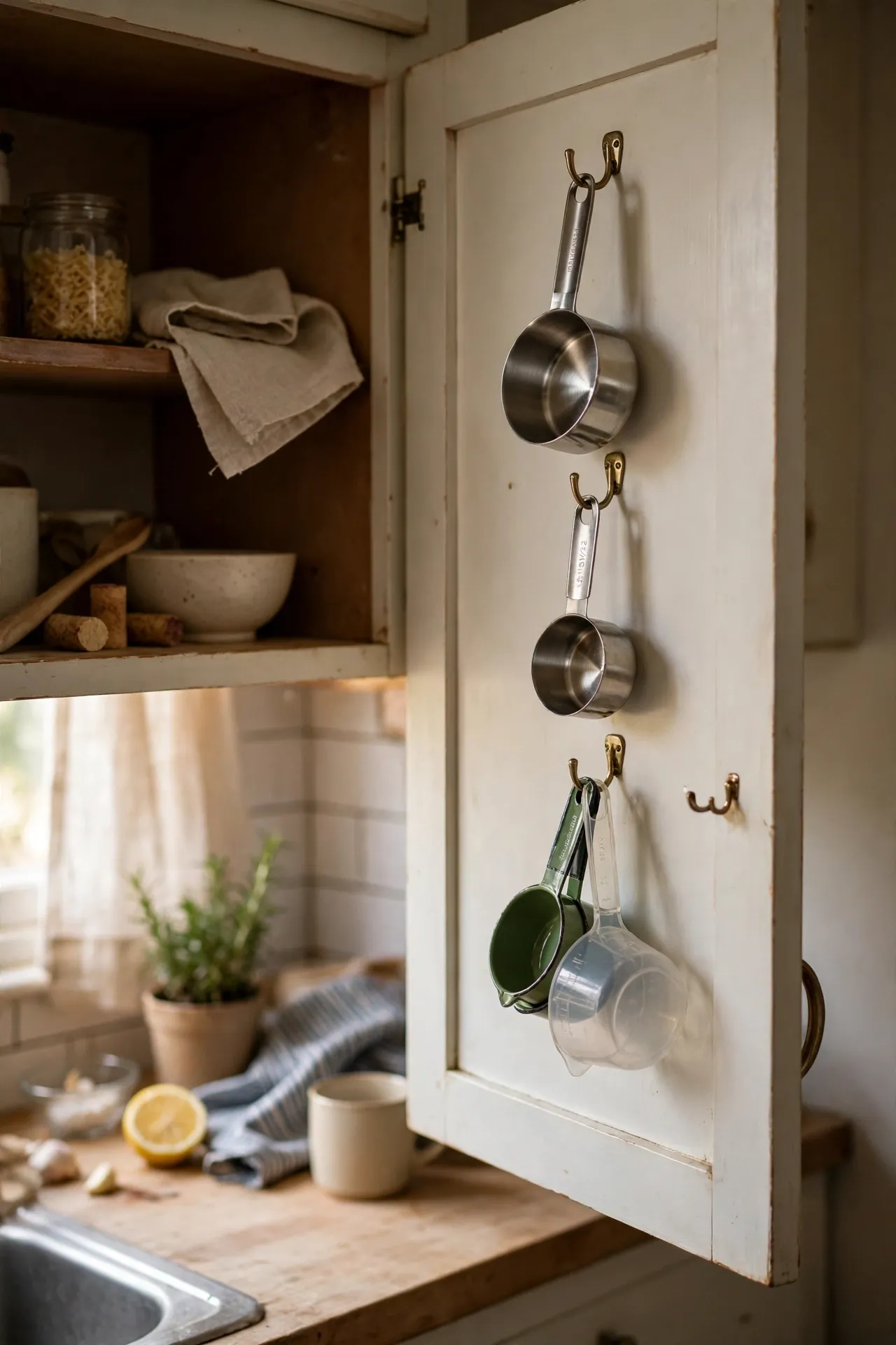 Hooks inside a cabinet door holding measuring cups in a small kitchen