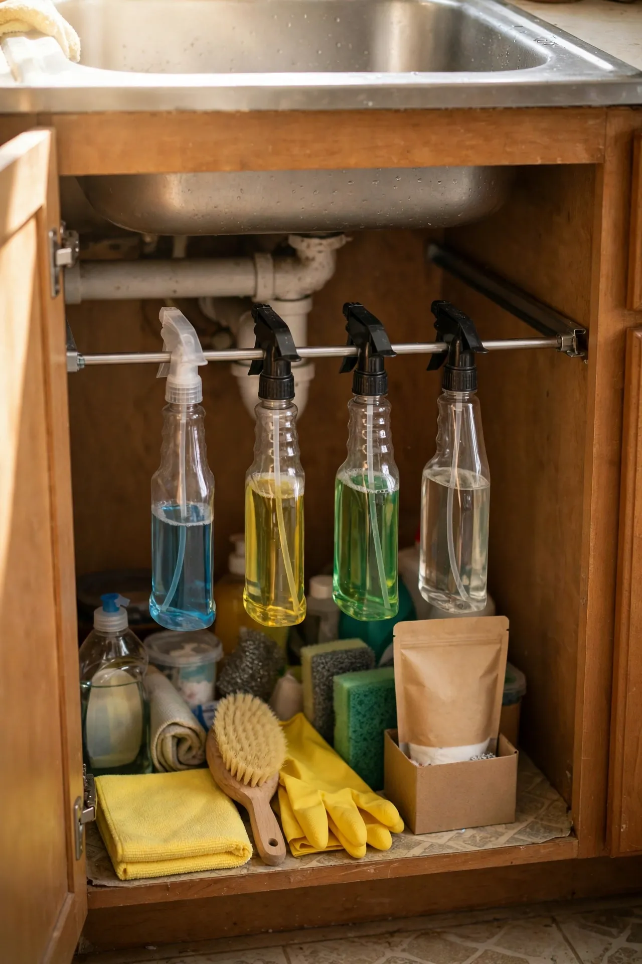 Tension rod under a sink holding hanging spray bottles