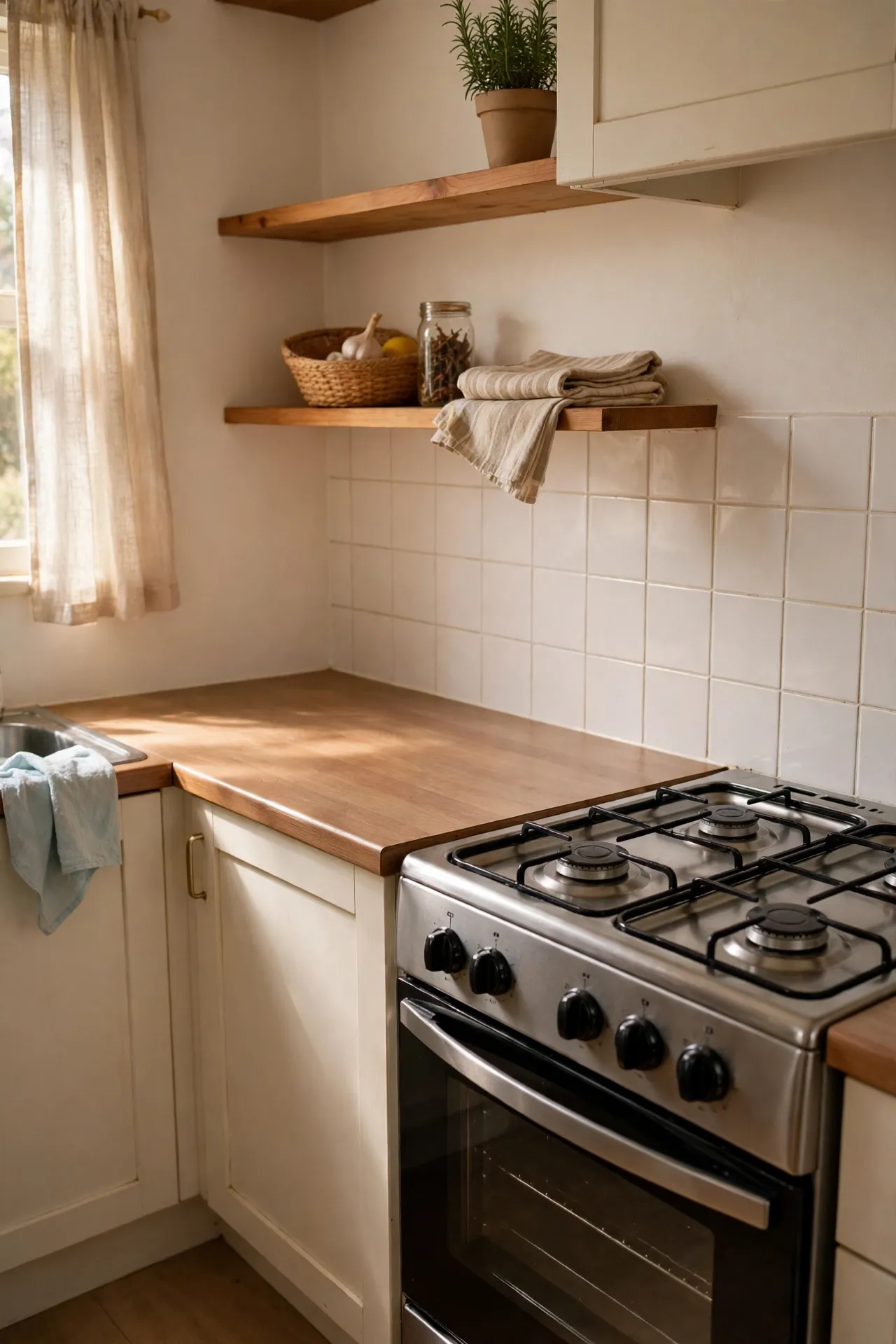 Clear empty counter space beside a stove in a small kitchen