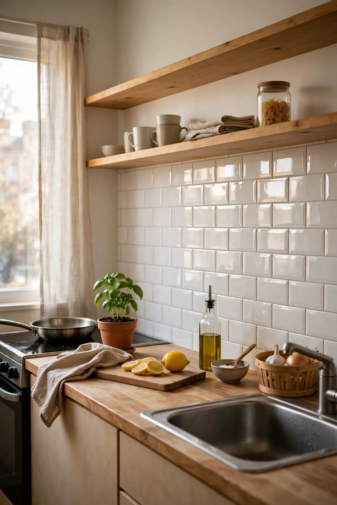 Glossy white tile splashback reflecting light in a small apartment kitchen